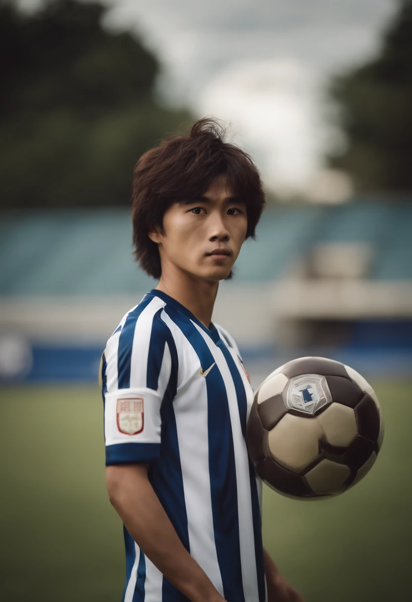 Japan footballer, pony hair, medium up hair, big eyes, holding ball