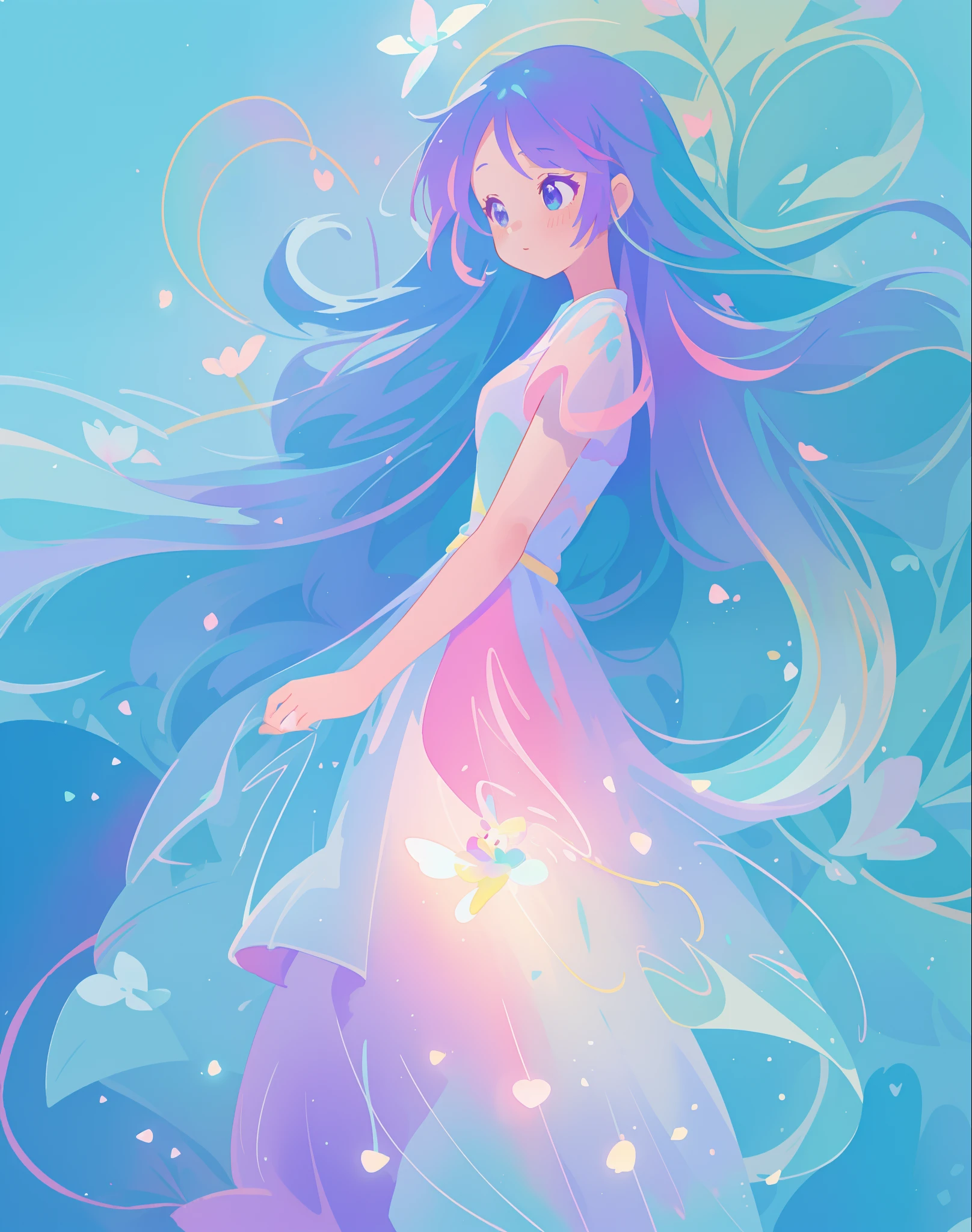 beautiful girl in colorful gradient flowing dress, long flowing blue purple pink white hair, blue aqua pink purple mint colors, colorful fantasia background, watercolor illustration, disney art style, glowing aura around her, glowing lights, beautiful digital illustration, fantasia otherworldly landscape plants flowers, beautiful, masterpiece, best quality, anime disney style