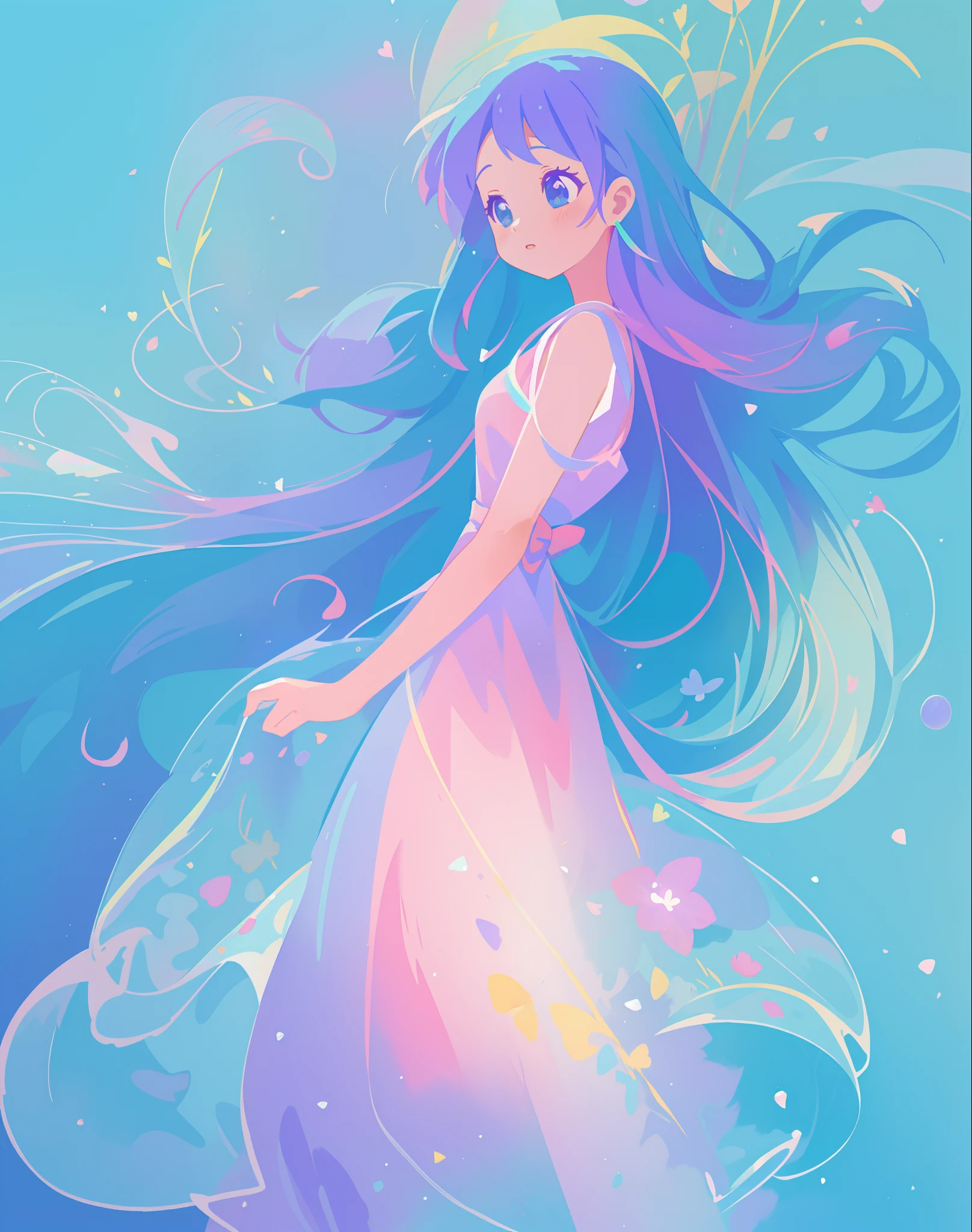beautiful girl in colorful gradient flowing dress, long flowing blue purple pink white hair, blue aqua pink purple mint colors, colorful fantasia background, watercolor illustration, disney art style, glowing aura around her, glowing lights, beautiful digital illustration, fantasia otherworldly landscape plants flowers, beautiful, masterpiece, best quality, anime disney style