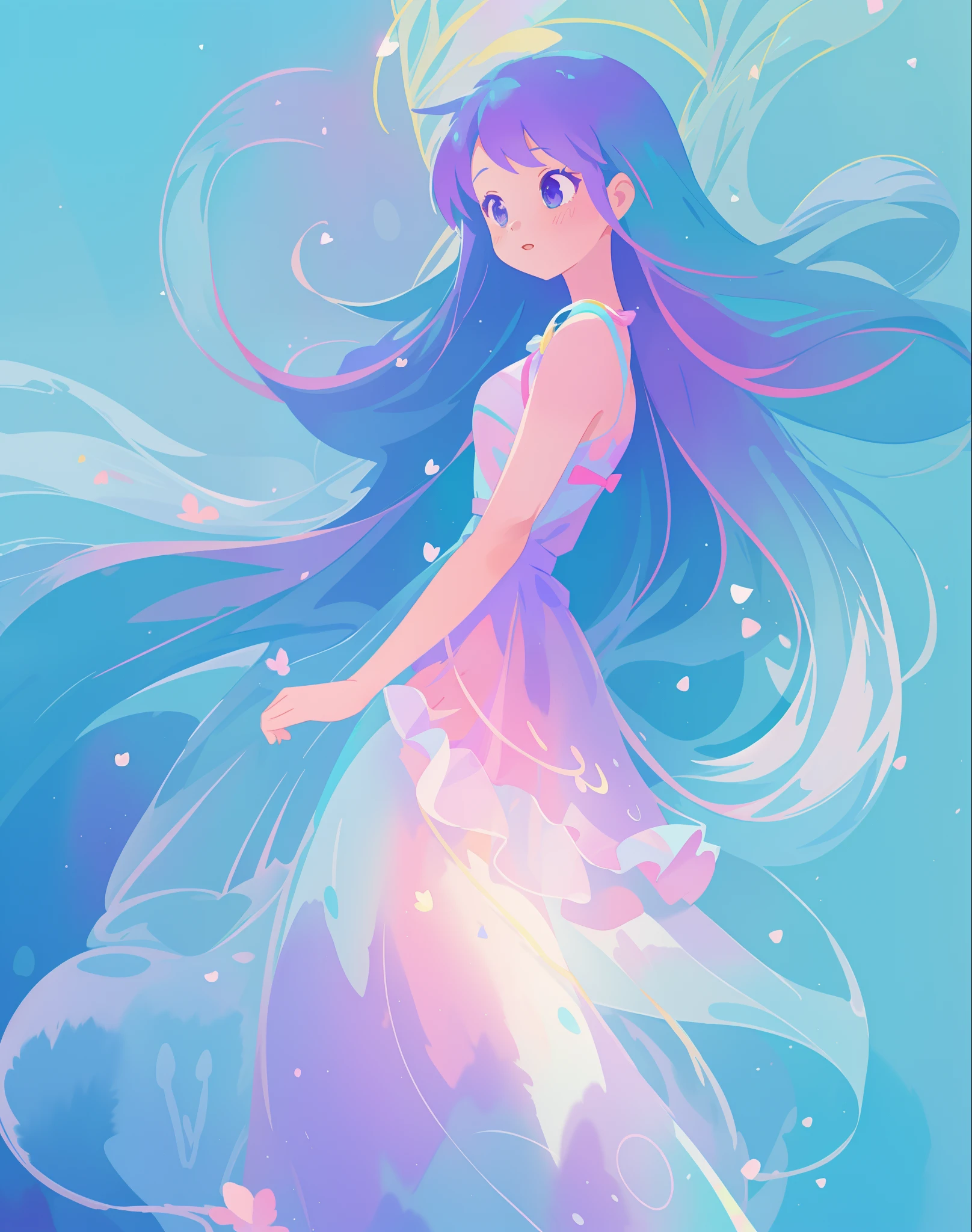 beautiful girl in colorful gradient flowing dress, long flowing blue purple pink white hair, blue aqua pink purple mint colors, colorful fantasia background, watercolor illustration, disney art style, glowing aura around her, glowing lights, beautiful digital illustration, fantasia otherworldly landscape plants flowers, beautiful, masterpiece, best quality, anime disney style