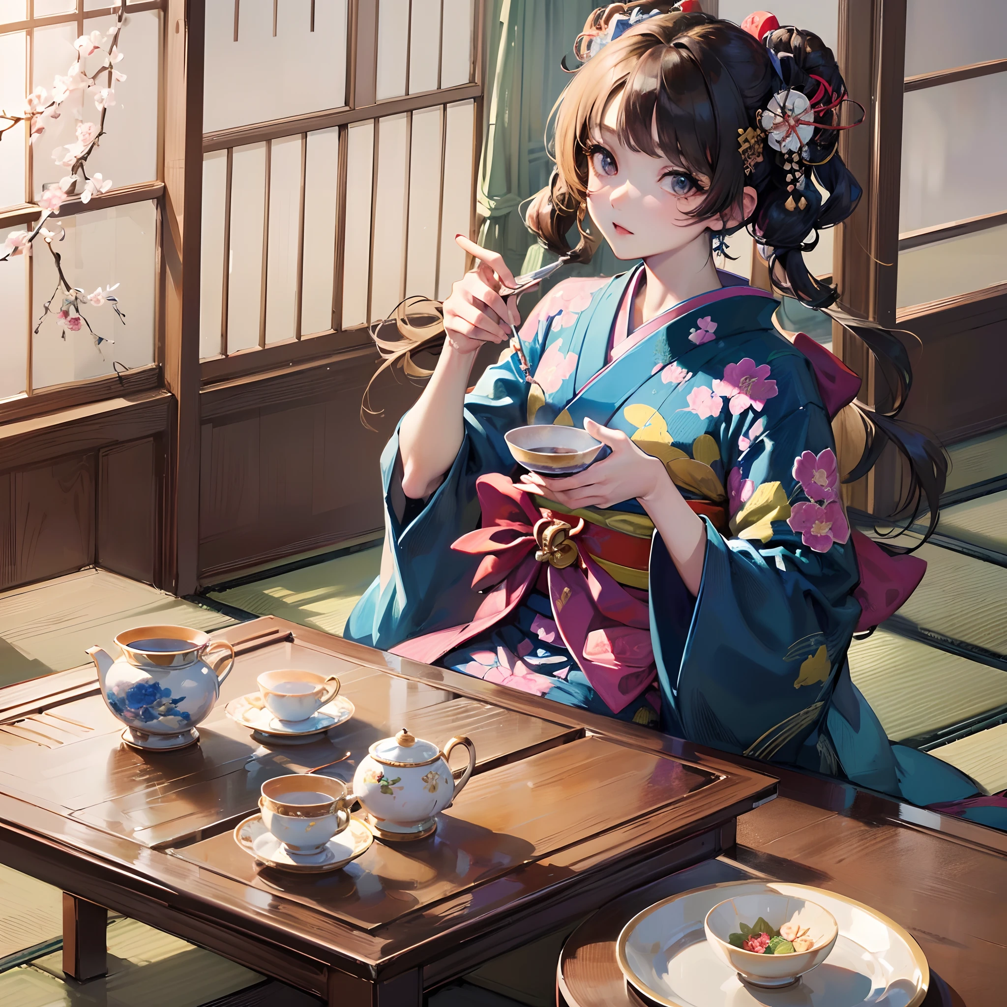 Finest quality)),(超A high resolution),(ultra-detailliert),(Meticulous portrayal),((Best Anime)),(Finest works of art),sharpnes,Clair,Ultra-Precision Art,The art of astounding depiction,A beautiful work of art with intricate and detailed details, (1 Beauty in Japanese Clothes:1.6),tea ceremony:1.5,tearoom