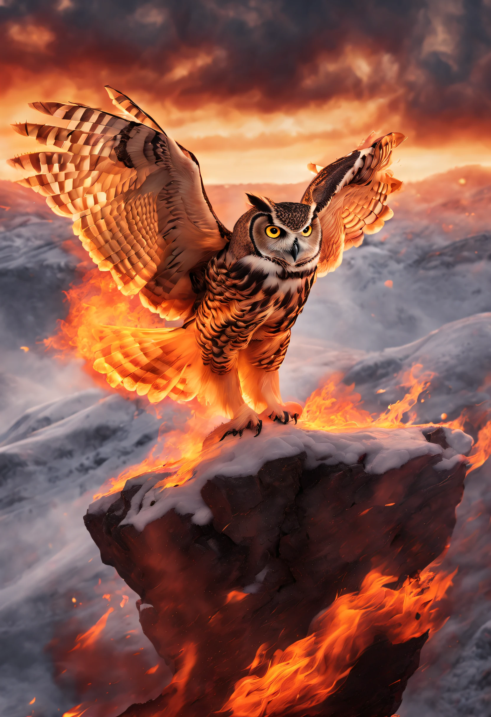 (Masterpiece, High quality, Best quality, offcial art, Beauty and aesthetics:1.2),(theelementoffire:1.1),Composed of fire elements,Burning,(owl:1.2),Fire,Molten rock,Flame skin,Flame print,fiery hair,Smoke,Cloud,snow landscape，clubs，in a panoramic view