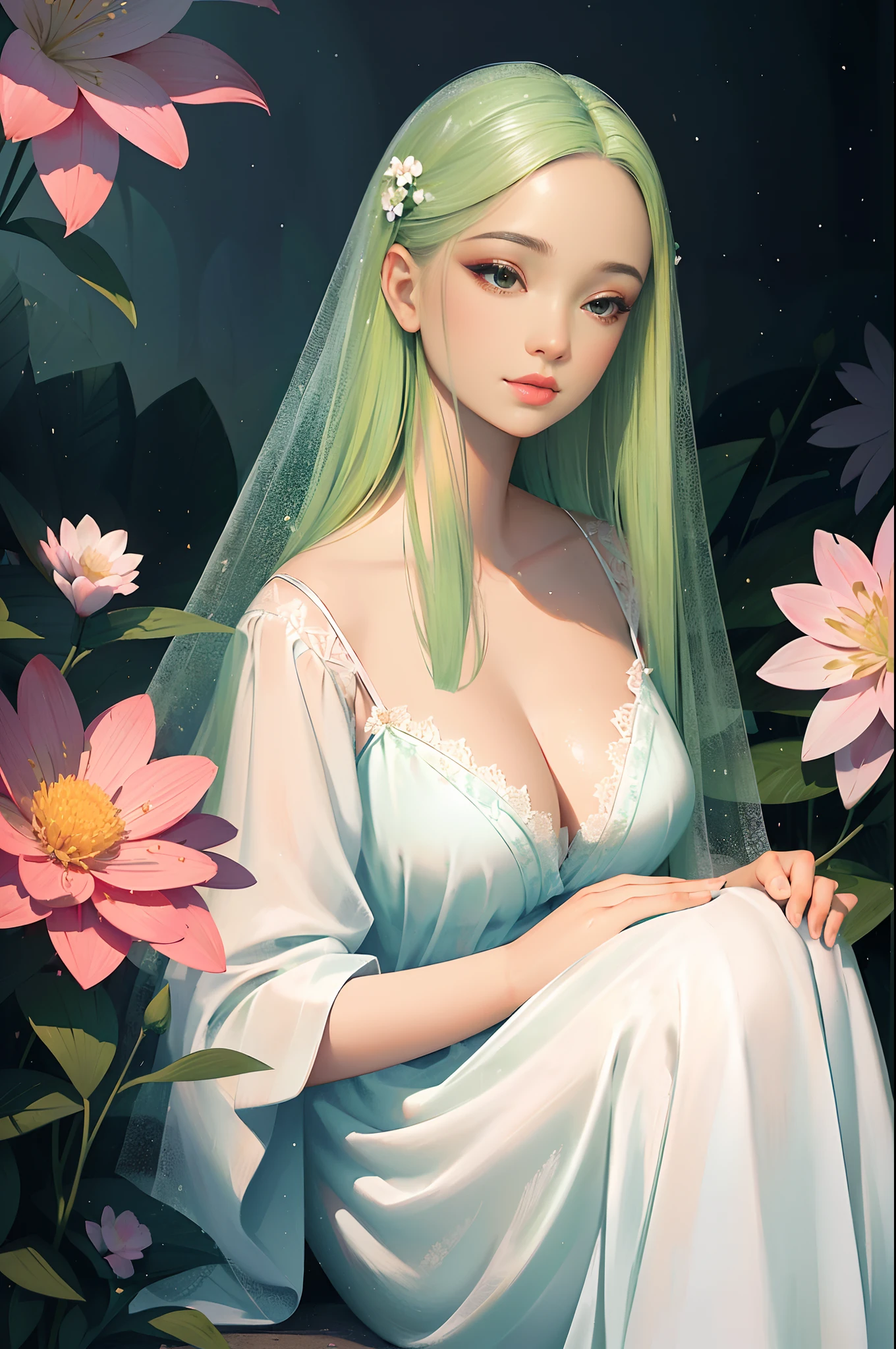 (best quality,high-resolution,illustration,beautiful long eyelashes,tranquil garden,soft lighting,misty atmosphere,magical world,intricate details,gentle smile,summer breeze,happy atmosphere,dewy skin,soft clothing,flower-strewn,joyful notes,natural portrait,interplay of light and shadow,serene soul,elegant posture,subtle expression,alluring eyes,captivating smile,meticulous makeup,mysterious flowers,rich patterns,scrolling landscape,peaceful ambiance)