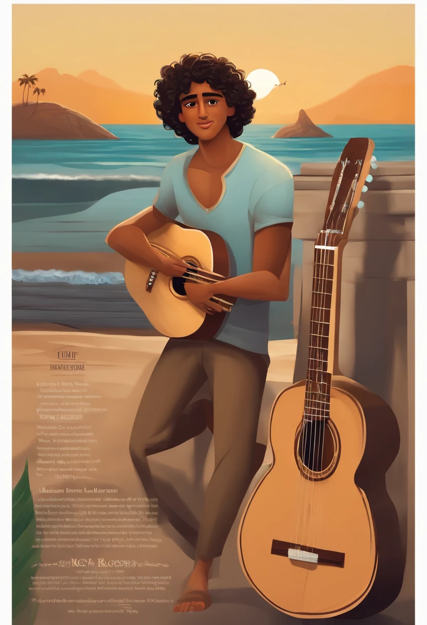 crie um banner no estilo Pixar. A boy with Indian features, moreno pardo com cabelos curtos, Castanhos escuros, Curly and slightly grayish appearance, mas jovem, usando uma camiseta, Wearing jeans and holding a classical guitar with 7 strings.