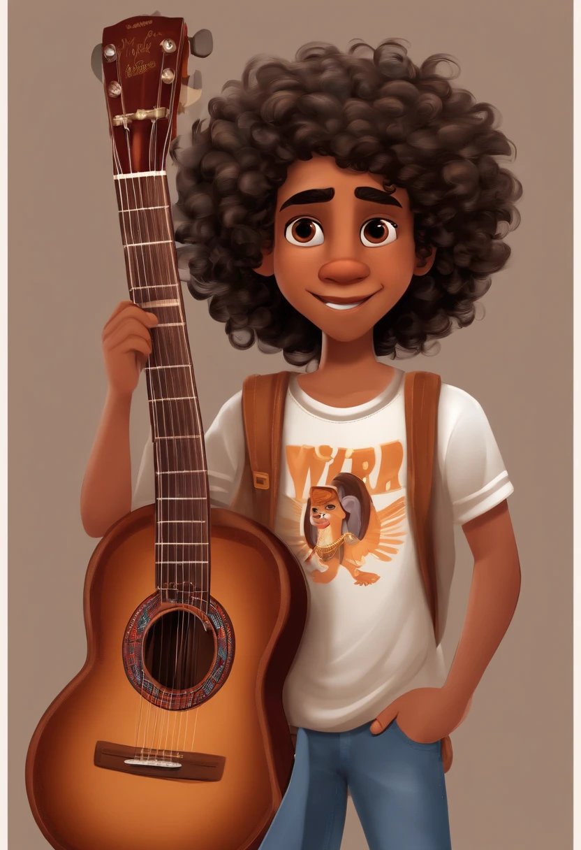 crie um banner no estilo Pixar. A boy with Indian features, moreno pardo com cabelos curtos, Castanhos escuros, Curly and slightly grayish appearance, mas jovem, usando uma camiseta, Wearing jeans and holding a classical guitar with 7 strings.