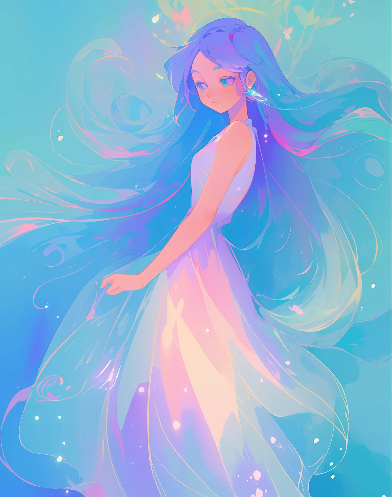 beautiful girl in colorful gradient flowing dress, long flowing blue purple pink white hair, blue aqua pink purple mint colors, colorful fantasia background, watercolor illustration, disney art style, glowing aura around her, glowing lights, beautiful digital illustration, fantasia otherworldly landscape plants flowers, beautiful, masterpiece, best quality, anime disney style