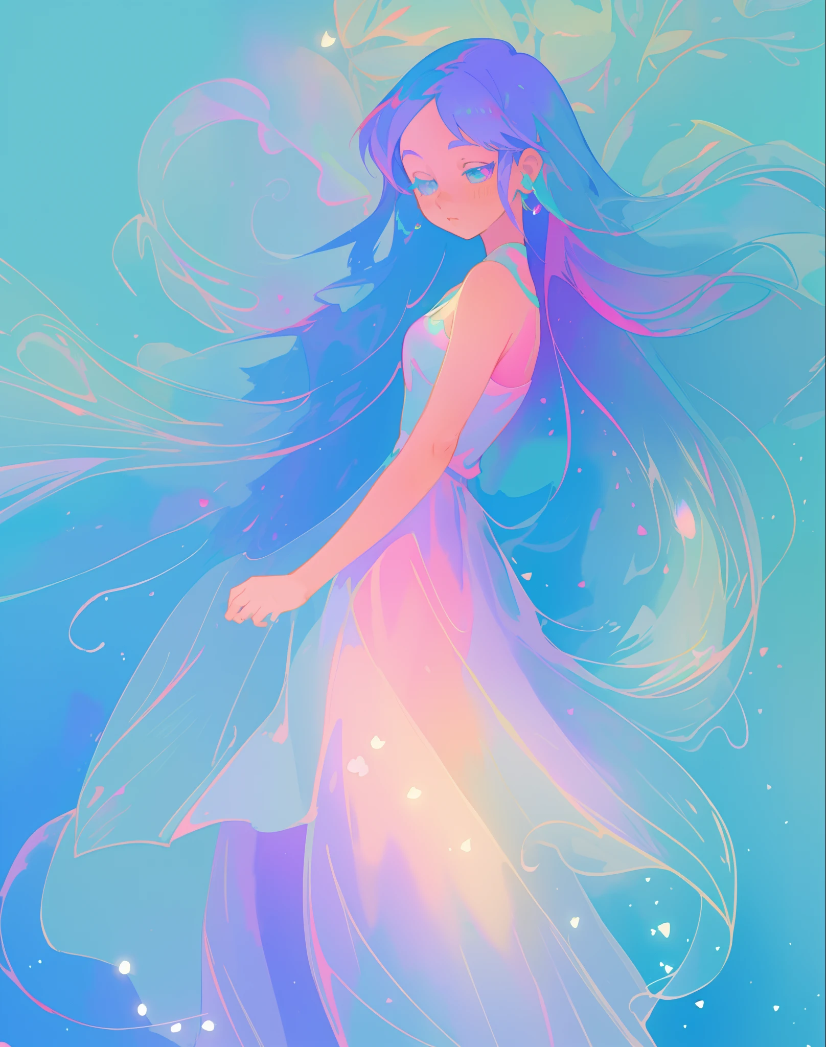 beautiful girl in colorful gradient flowing dress, long flowing blue purple pink white hair, blue aqua pink purple mint colors, colorful fantasia background, watercolor illustration, disney art style, glowing aura around her, glowing lights, beautiful digital illustration, fantasia otherworldly landscape plants flowers, beautiful, masterpiece, best quality, anime disney style