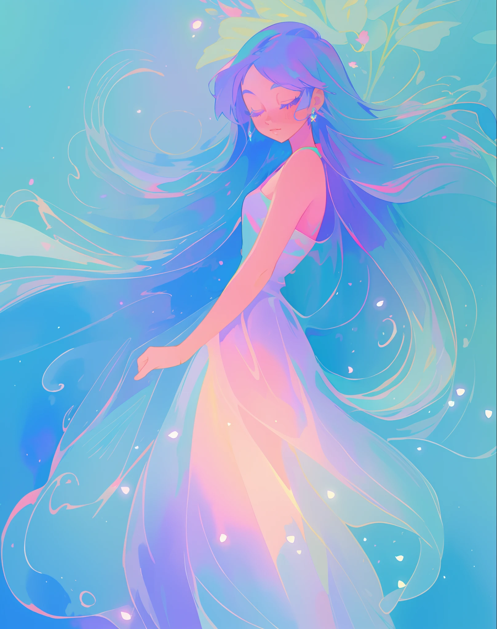 beautiful girl in colorful gradient flowing dress, long flowing blue purple pink white hair, blue aqua pink purple mint colors, colorful fantasia background, watercolor illustration, disney art style, glowing aura around her, glowing lights, beautiful digital illustration, fantasia otherworldly landscape plants flowers, beautiful, masterpiece, best quality, anime disney style