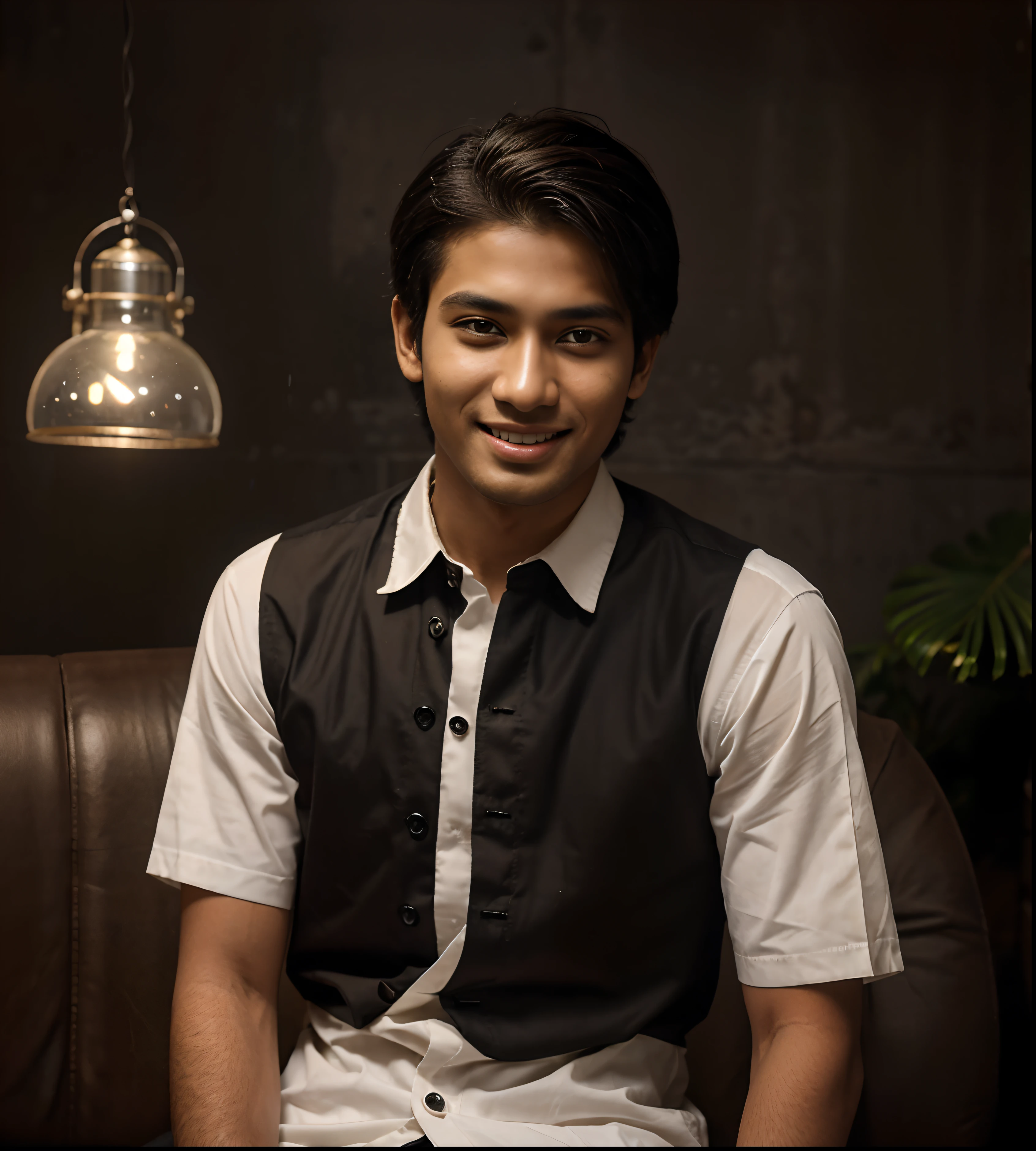 (8k, best quality, masterpiece:1.2), (realistic, photo-realistic:1.37) highres, ultra-detailed,1 Bangladeshi boy,black drop sholder tea shirt,formal pant,(clear face)(8k ultra quality photo)in coffe cafe, sitting a stylish chair, raining,smiling (clour tone Bangladeshi)(age 16)age 16,a 16 years old boy, clear face