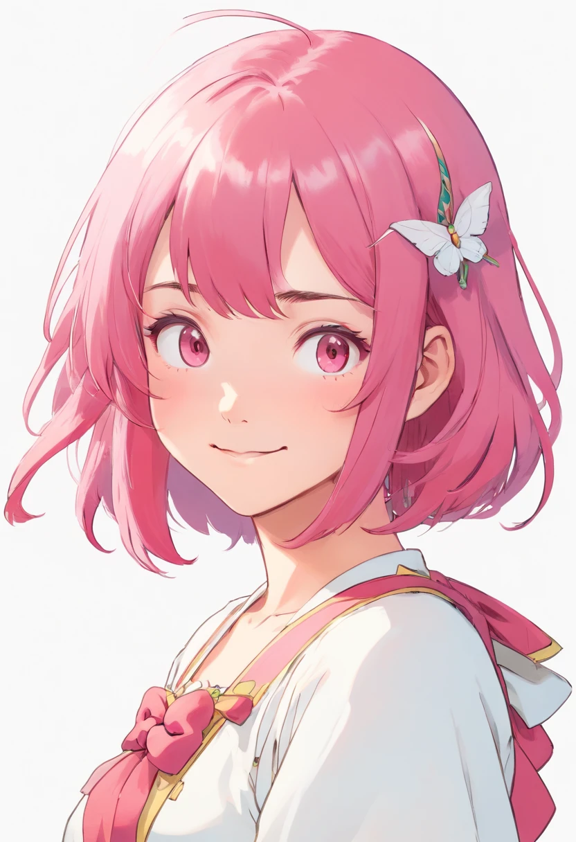 a girl, masami teraoka, paul gauguin, honest portrayal, dark pink mid length hair, (white background:1.4), looking at viewer, smile, gamer girl, upper body portrait, base model