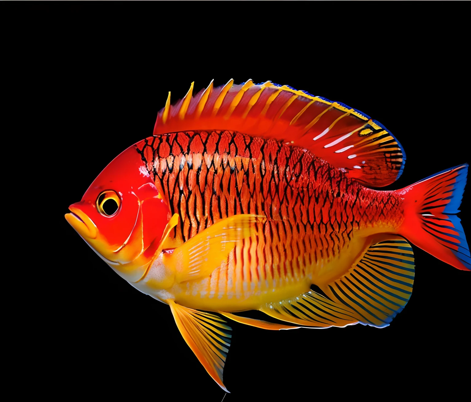 There is a fish that is orange and has a black background, muitas vezes descrito como flame-like, a foto mostra um grande, Escamas vermelhas, um colorido, h. hidrochaeri, chelicerae, A beautiful detailed orisha, peixes tropicais, contra um fundo preto profundo, exotic fish, Adepto de Silvergill, Escamas vermelhas em suas costas, avermelhado