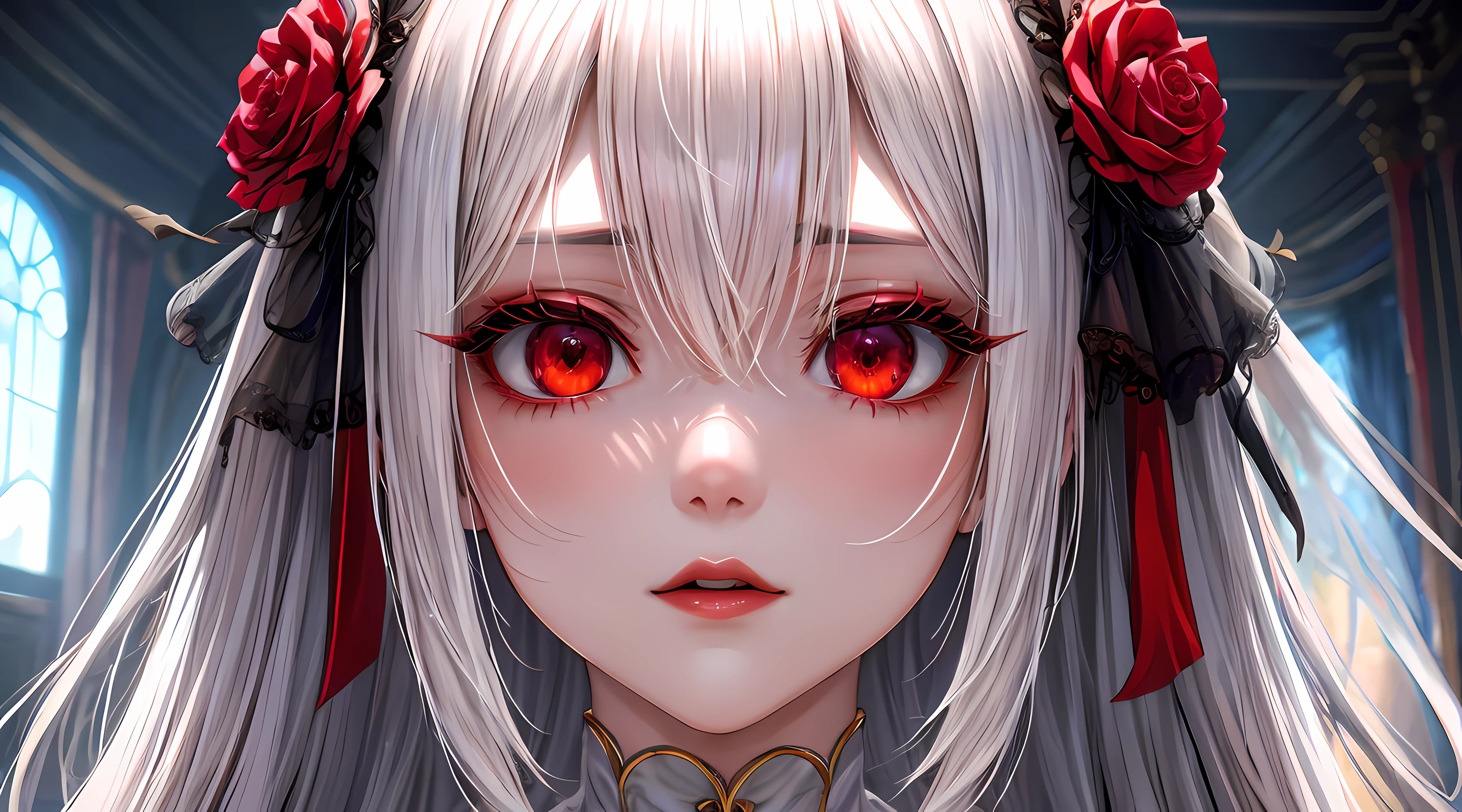 1 girl、red lips,White lace pajamas,Slim,Large Breasts,The facial details are extremely detailed, handcuffs,collar,White long hair, Charming red eyes, Fox ears, Ridiculously big, radiant skin,Sleeping in bed,bedroom