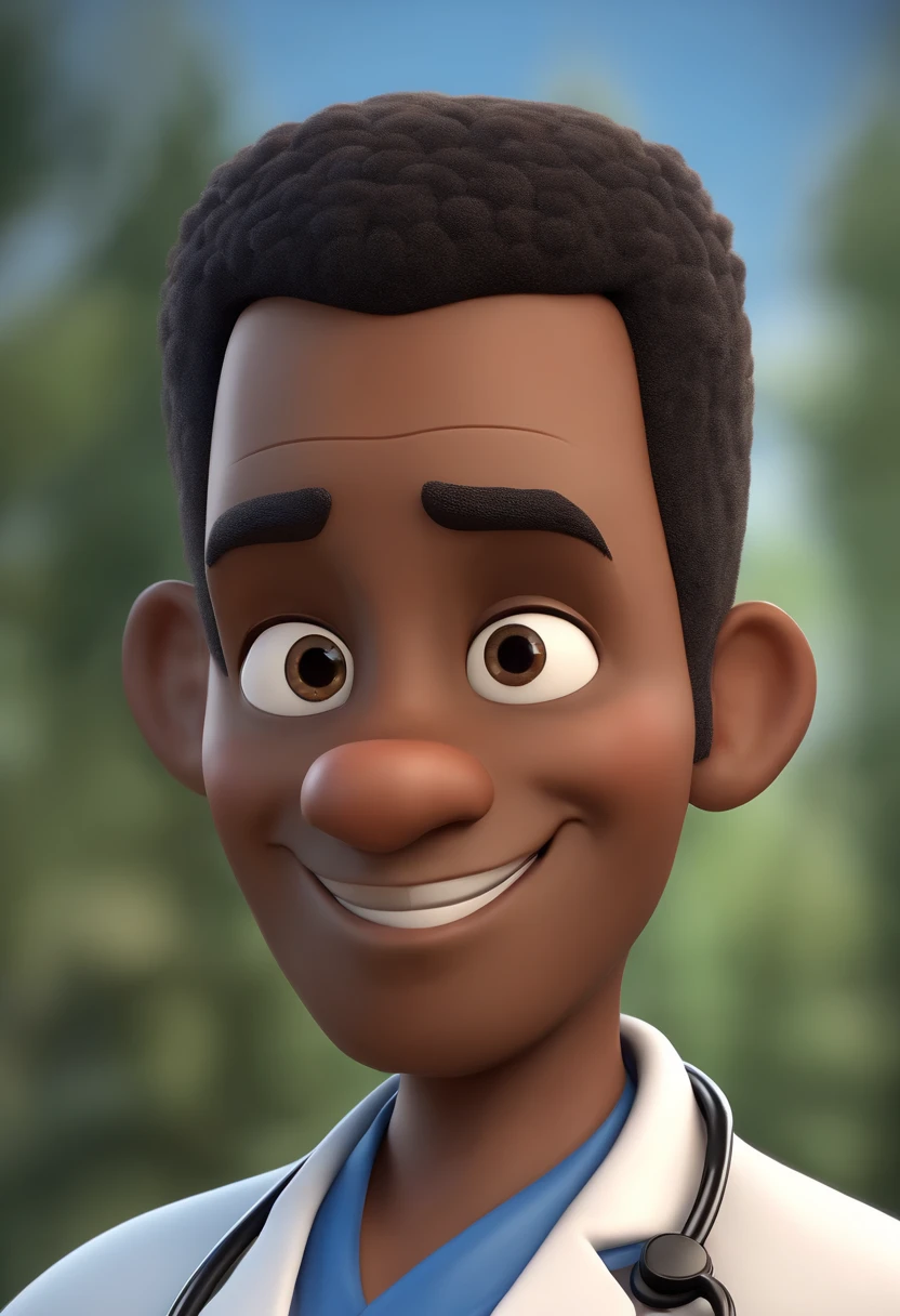 Cartoon character of a black cardiologist doctor, With black eyes and big eyelashes, boca desenhada e nariz medio, com cabelos escuros e baixo, Inside a Clinical Animation Character, Caractere estilizado, animation style rendering, 3D estilizado, Arnold Maya render, 3 d render stylized, toon render keyshot, Personagem 3D, Personagem 3D, 3d rendering stylized, 3 d character render, personagem de desenho animado, Personagem de close up, Pose de personagem,  (Estilo Pixar) (master part:1.2) (Bokeh) (best quality) (pele detalhada) (textura detalhada) (8k) (argila) (Cinematic lighting) (foco nítido