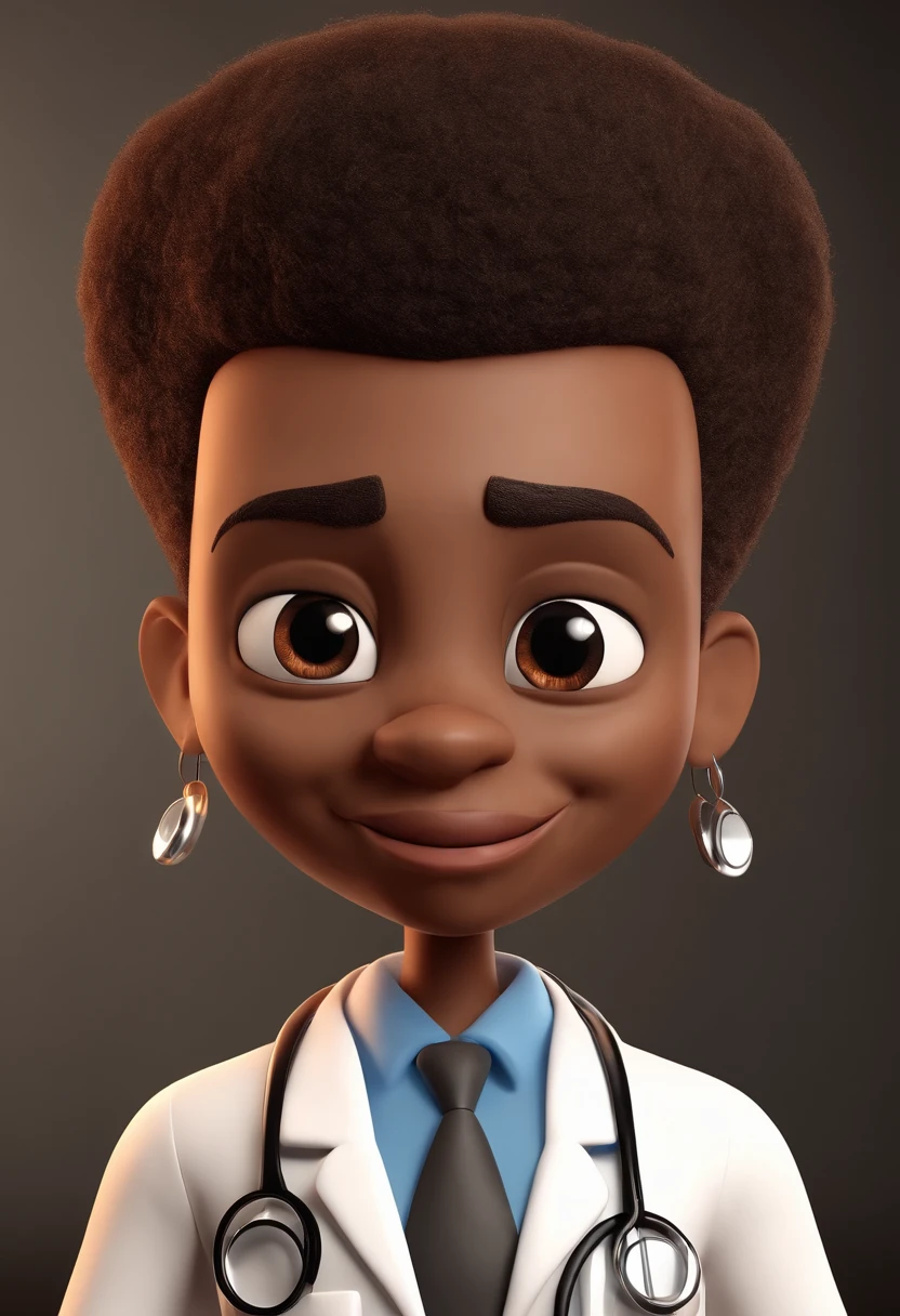 Cartoon character of a black cardiologist doctor, With black eyes and big eyelashes, boca desenhada e nariz medio, com cabelos escuros e baixo, Inside a Clinical Animation Character, Caractere estilizado, animation style rendering, 3D estilizado, Arnold Maya render, 3 d render stylized, toon render keyshot, Personagem 3D, Personagem 3D, 3d rendering stylized, 3 d character render, personagem de desenho animado, Personagem de close up, Pose de personagem,  (Estilo Pixar) (master part:1.2) (Bokeh) (best quality) (pele detalhada) (textura detalhada) (8k) (argila) (Cinematic lighting) (foco nítido