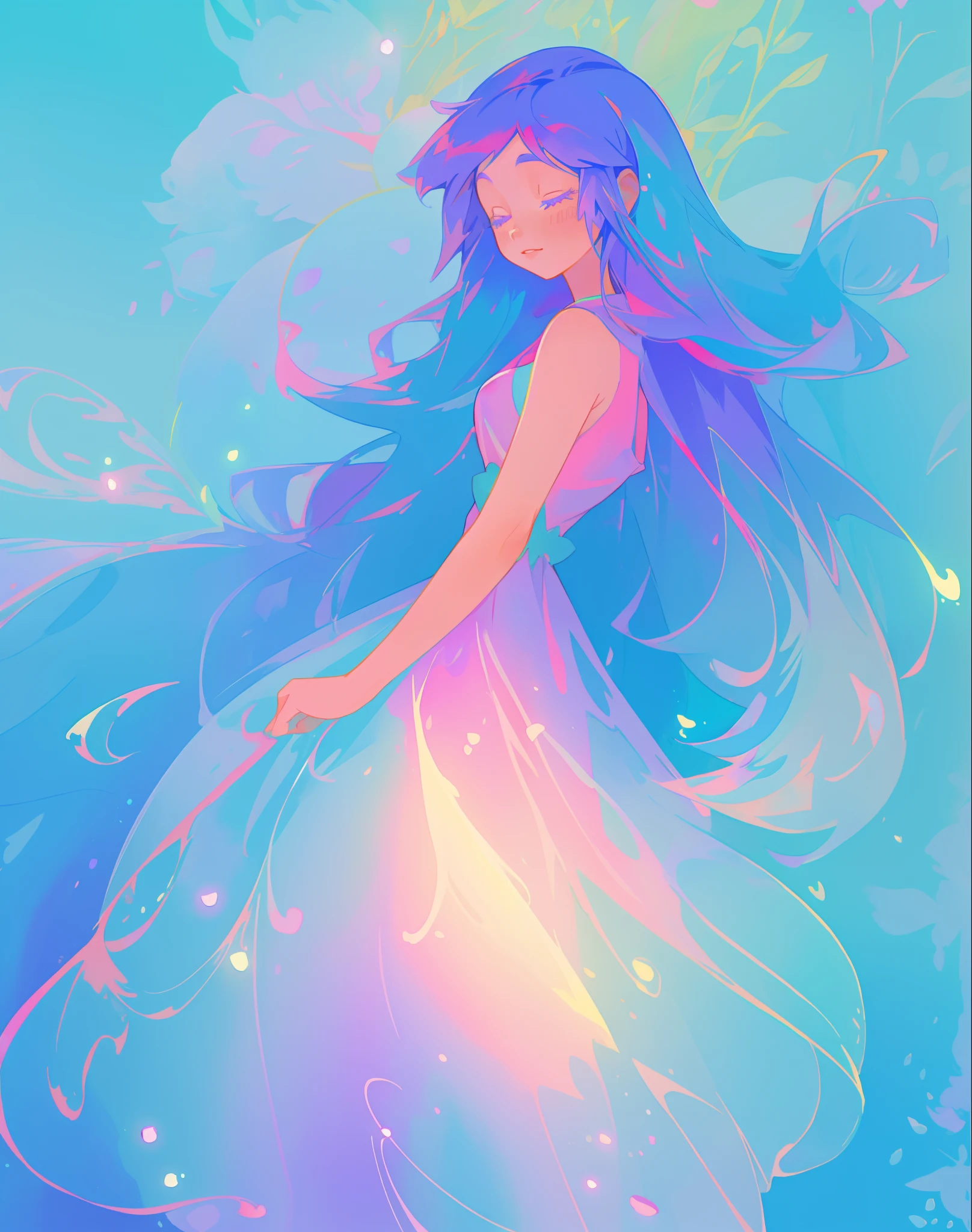 beautiful girl in colorful gradient flowing dress, long flowing blue purple pink white hair, blue aqua pink purple mint colors, colorful fantasia background, watercolor illustration, disney art style, glowing aura around her, glowing lights, beautiful digital illustration, fantasia otherworldly landscape plants flowers, beautiful, masterpiece, best quality, anime disney style