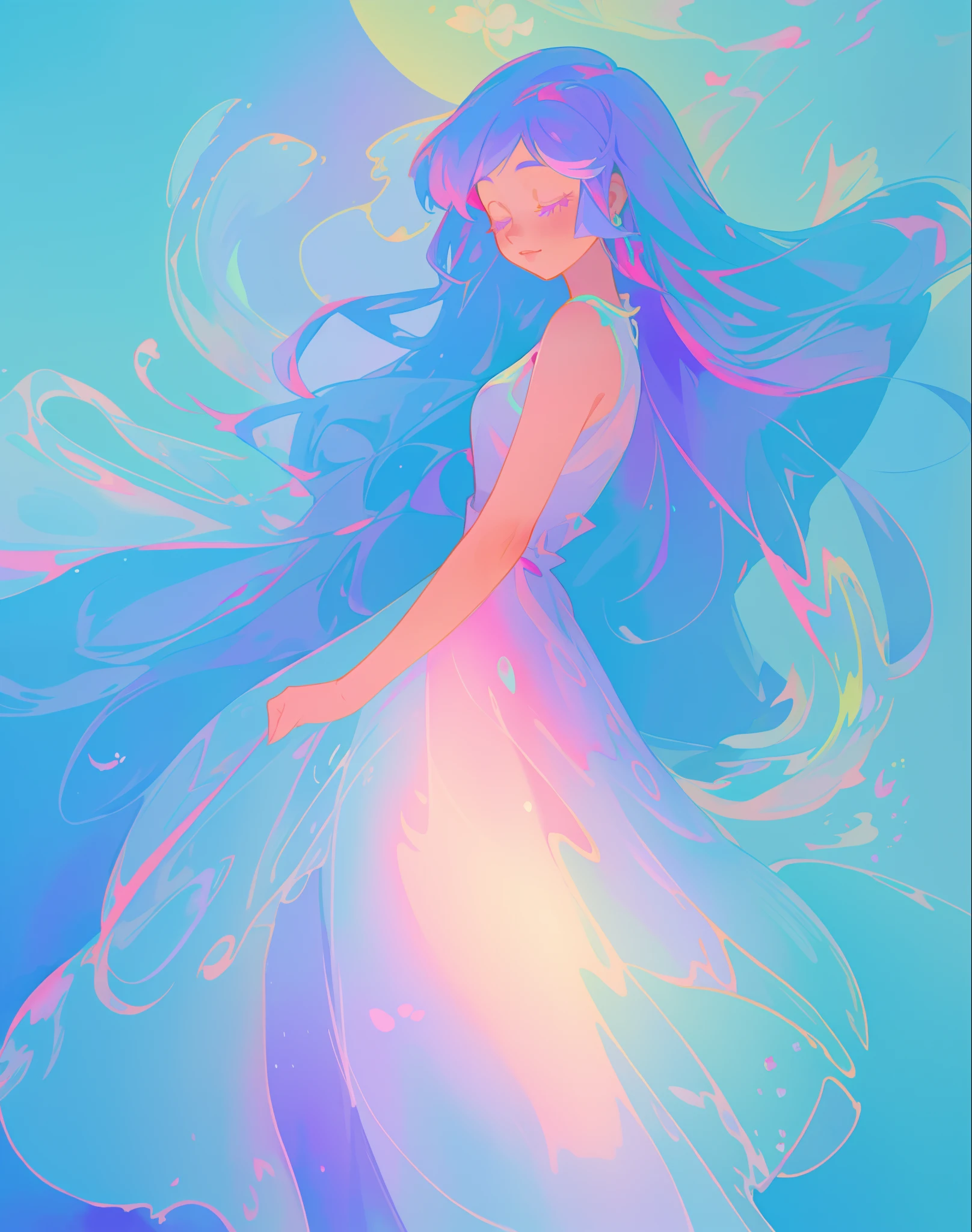 beautiful girl in colorful gradient flowing dress, long flowing blue purple pink white hair, blue aqua pink purple mint colors, colorful fantasia background, watercolor illustration, disney art style, glowing aura around her, glowing lights, beautiful digital illustration, fantasia otherworldly landscape plants flowers, beautiful, masterpiece, best quality, anime disney style