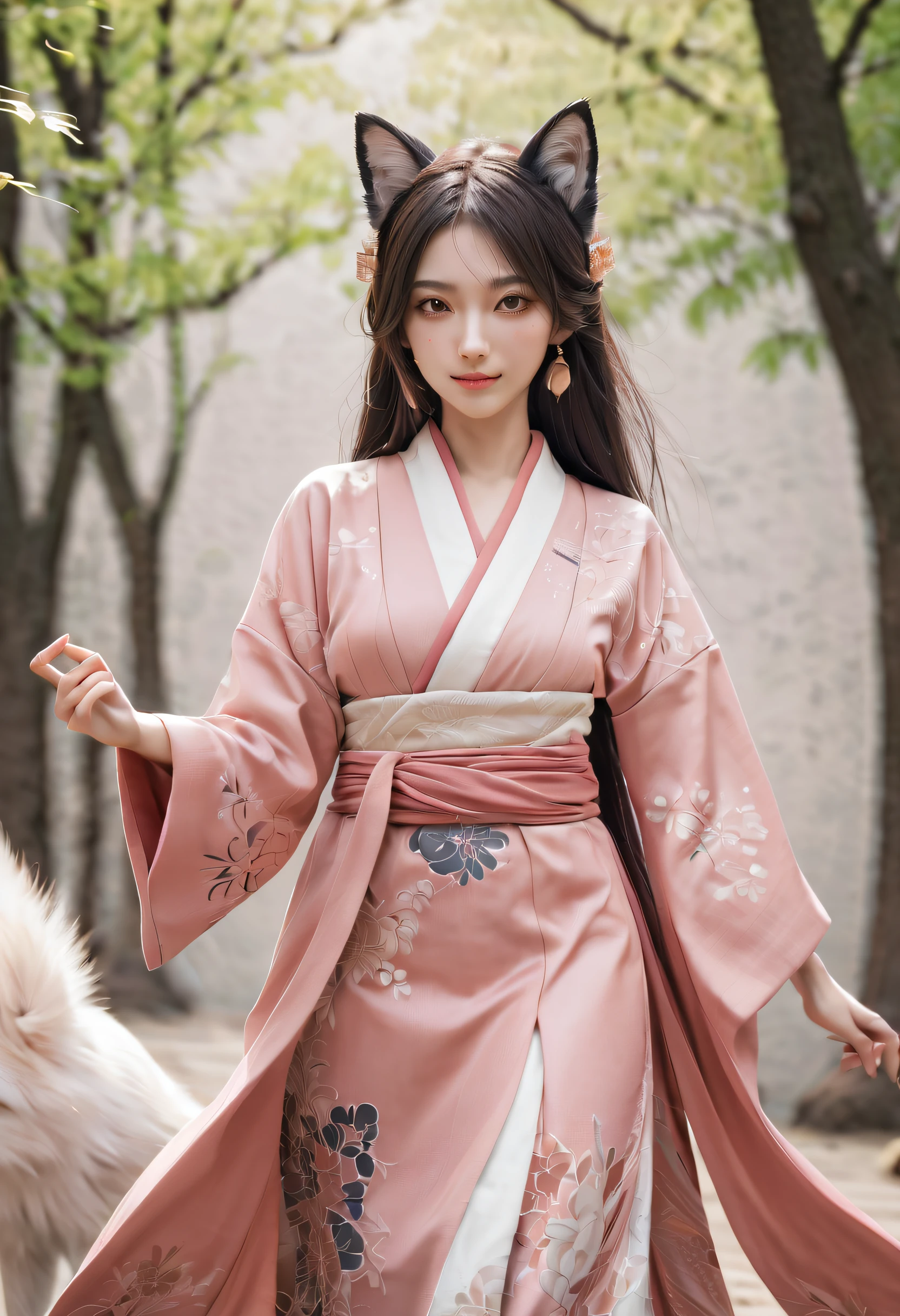 beautiful japanese young woman,Solo, Happy smiling official art, Unity 8k wallpaper, Ultra detailed, Beautiful and aesthetic, Beautiful, Masterpiece, Best quality, Kitsune witch, kitsune mask, Pink and white haori jacket, Foxfire spell, The fox is familiar, Transformation,Depth of field,
