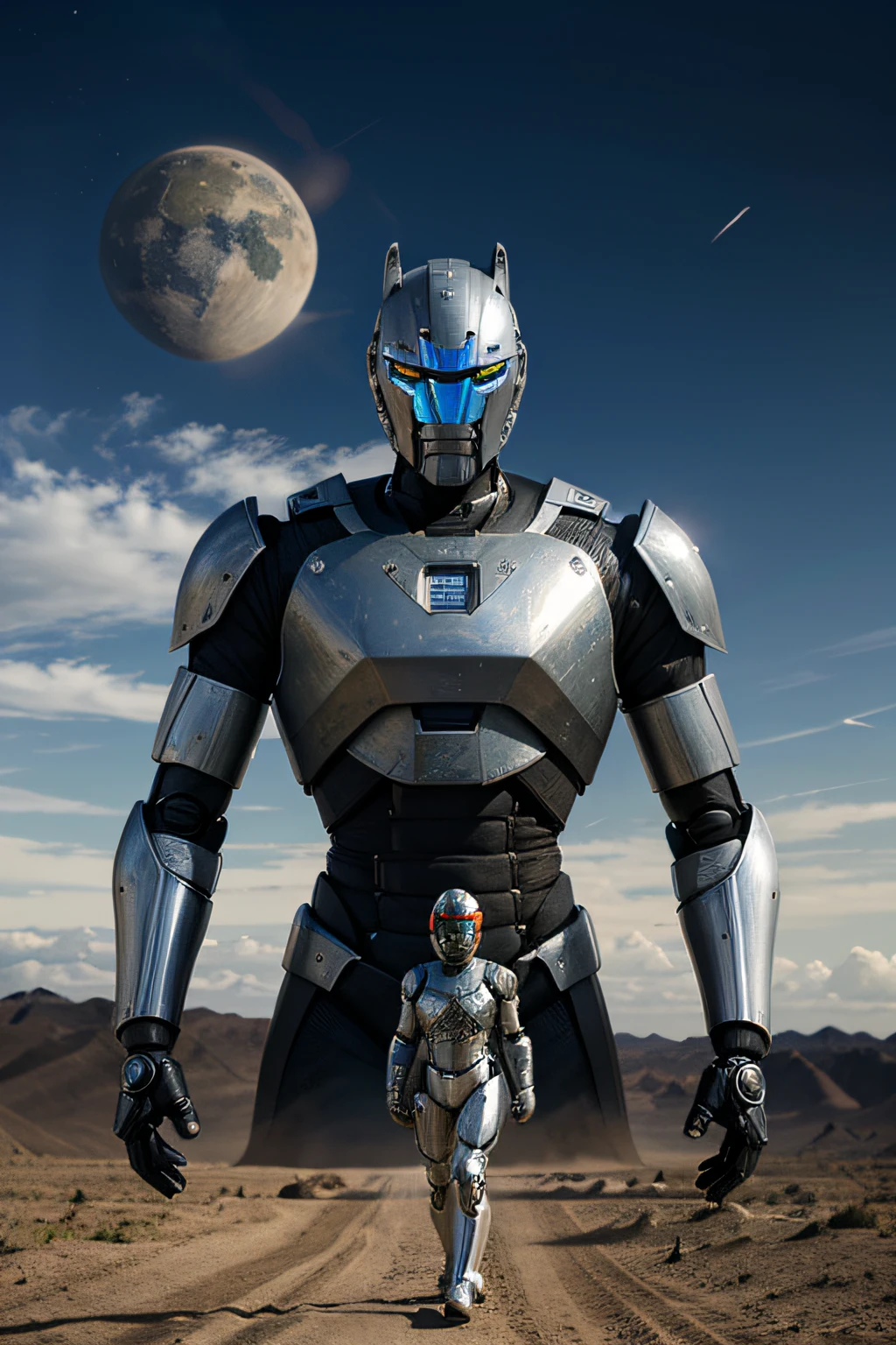 A half-robotic, half-humaisdan knight A world of the future on a planet other than Earth on an animal that looks like a horse
