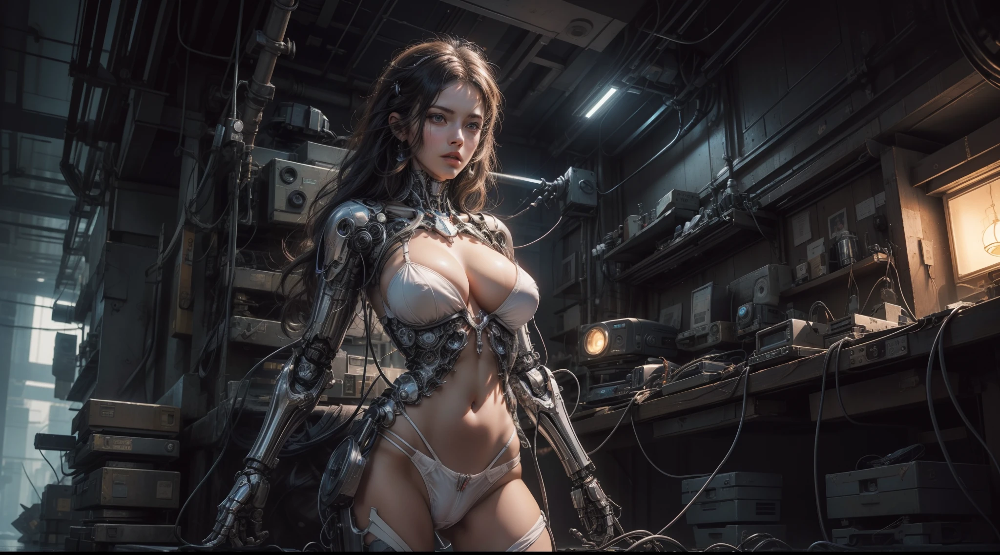 ((extremely delicate and beautiful cybernetic girl)), ((mechanical limbs)), ((detailed face and eyes)) (blood vessels connected to tubes), (mechanical vertebrae), ((mechanical cervical attaching to neck)), (wires and cables attaching to neck:1.2), ((mass of wires and cables on head)), (character focus), (((dynamic pose))), nipple breast on cloths, ((cowboy shot)), (masterpiece), (((best quality))), ((ultra-detailed)), (highly detailed photorealistic CG illustration), ((big breast)) cinematic lighting, science fiction, extremely detailed,colorful,highest detail, ((white panty, crotch exposed)), holding sniper, nsg, gun, cyberpunk city background.