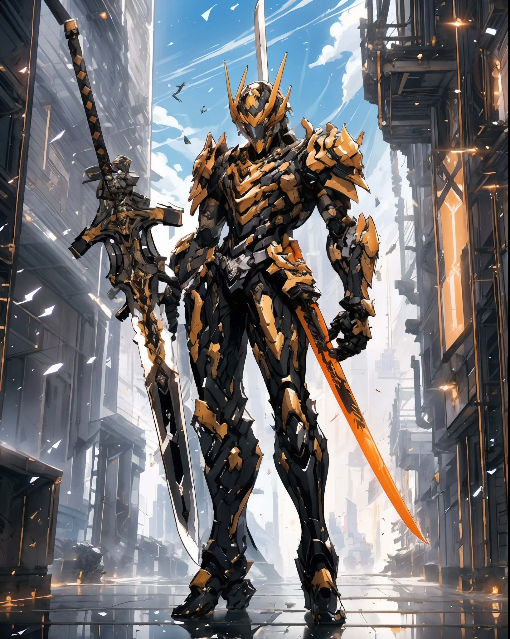 male knight with a sword in a city, darksiders art style, 2. 5 d cgi anime fantasy artwork, badass anime 8 k, anime epic artwork, style of raymond swanland, portrait of ninja slayer, by Yang J, darksiders style, ares with heavy armor and sword, guilty gear strive splash art, from arknights, (man)