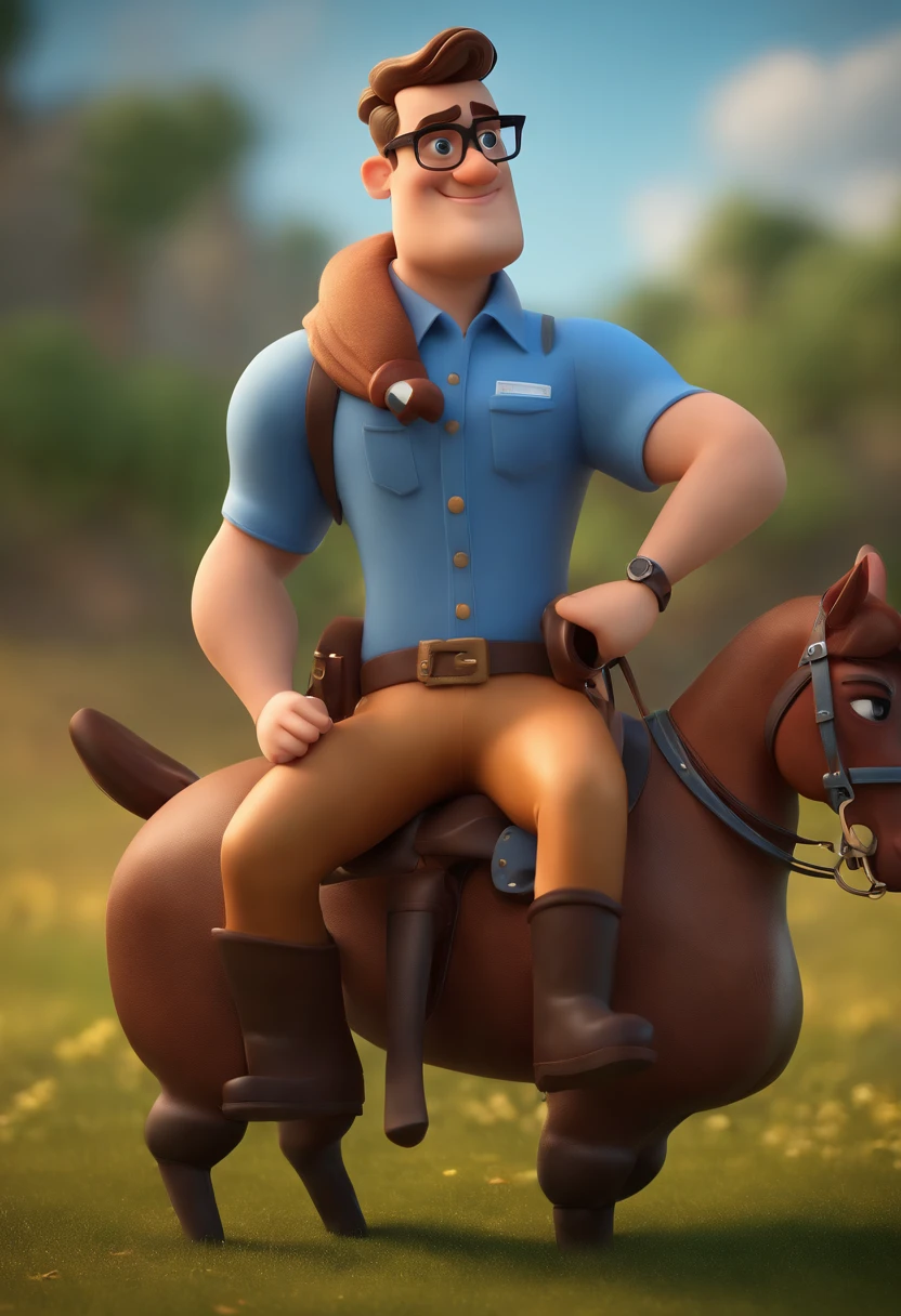 Cartoon character of a man with black glasses and a blue shirt, Veterinarian dress next to a horse, animation character, Caractere estilizado, animation style rendering, 3D estilizado, Arnold Maya render, 3 d render stylized, toon render keyshot, Personagem 3D, Personagem 3D, 3d rendering stylized, 3 d character render, personagem de desenho animado, Personagem de close up, Pose de personagem,  (Estilo Pixar) (master part:1.2) (Bokeh) (best quality) (pele detalhada) (textura detalhada) (8k) (argila) (Cinematic lighting) (foco nítido