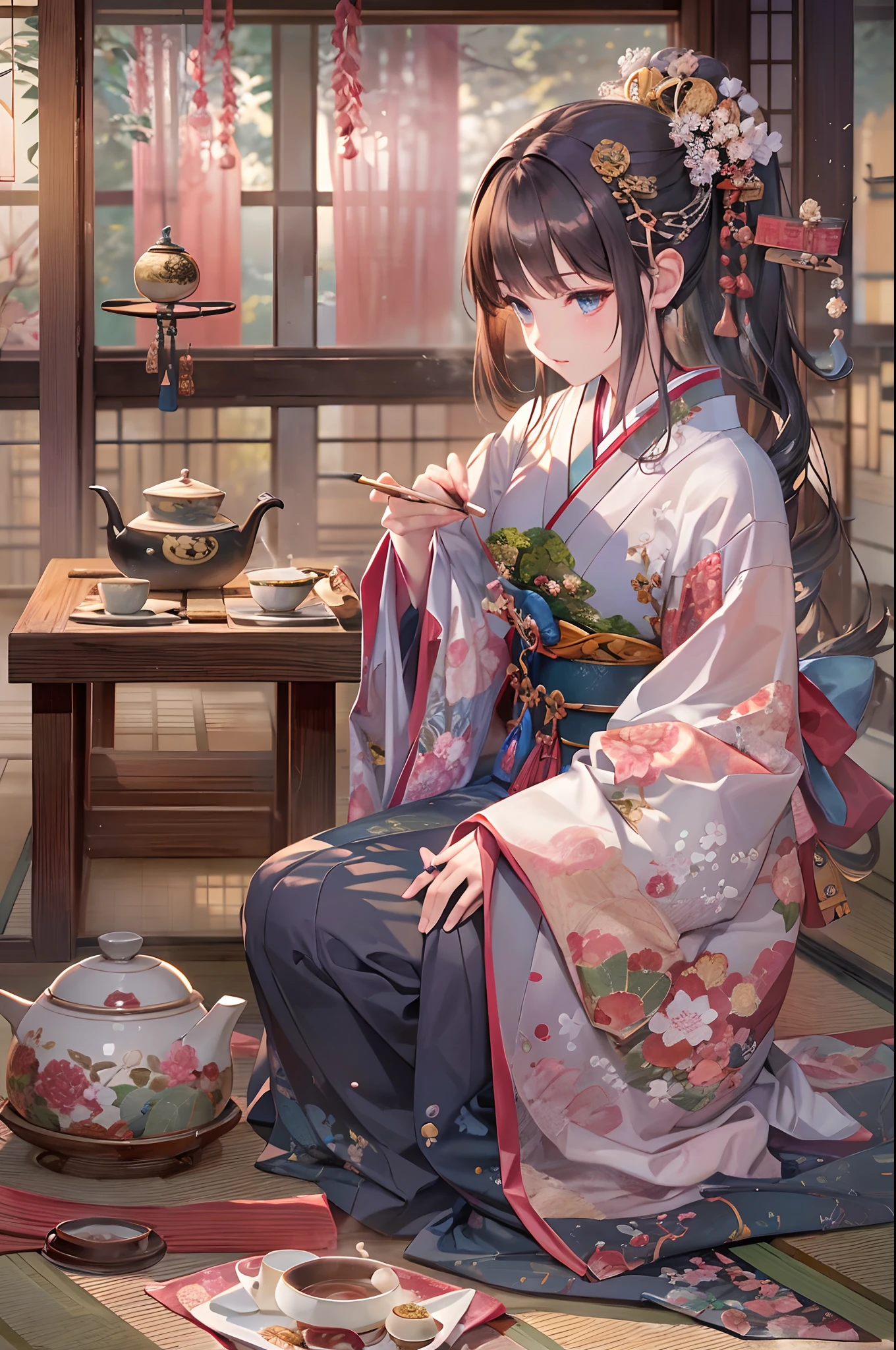 Finest quality)),(超A high resolution),(ultra-detailliert),(Meticulous portrayal),((Best Anime)),(Finest works of art),sharpnes,Clair,Ultra-Precision Art,The art of astounding depiction,A beautiful work of art with intricate and detailed details, (1 Beauty in Japanese Clothes:1.6),Japan Tea Ceremony:1.5,Japanese-style tea room
