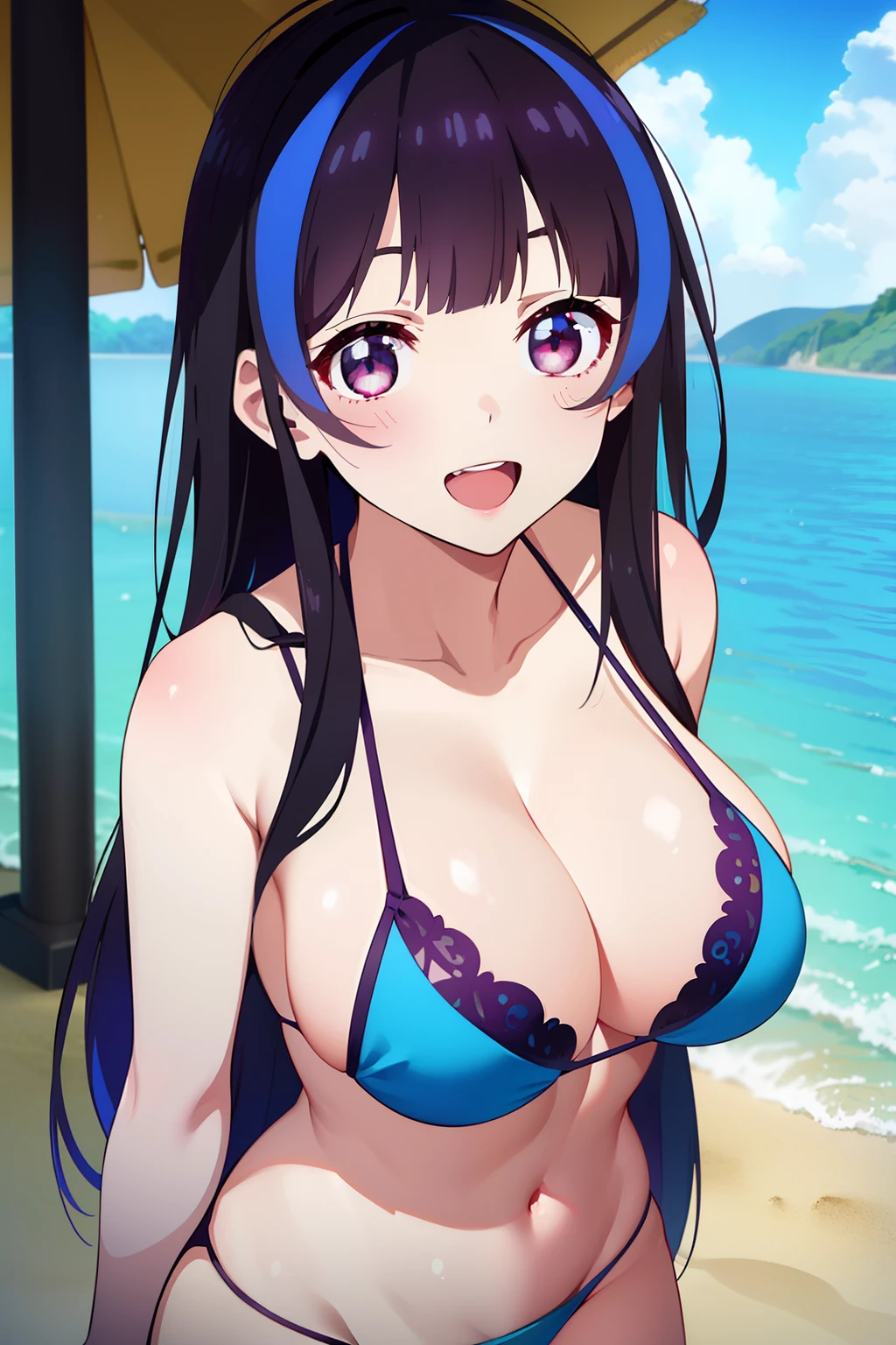 Minya Johnson, Mini Yaemori, Long hair, Bangs, Black hair, Blue hair, (Purple eyes:1.1), multicolored hair, Blunt bangs, striated hair, Ahoge,looking at the viewers,BREAK (masutepiece:1.2), Best Quality, High resolution, Unity 8k壁纸, (Illustration:0.8), (Beautiful detailed eyes:1.6), extra detailed face, Perfect Lighting, extremely details CG, (Perfect hands, Perfect Anatomy),Naughty big、 (Blue Bikini:1.3)、(the beach:1.3)、cowboy  shot、Smile with open mouth、double tooth、、