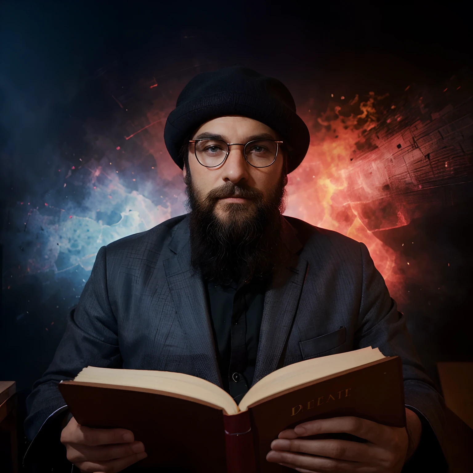 Un vieil homme à la longue barbe blanche, vêtu d'une tunique marron et d'un chapeau pointu gris. Il est assis dans un grand fauteuil près du feu, un vieux livre à la couverture de cuir sur les genoux. Ses yeux bleus pétillants derrière ses lunettes observant le feu. Sa voix est douce et mélodieuse alors qu'il commence à raconter : "Il était une fois, dans un royaume très lointain...". Il tourne lentement les pages de son livre, faisant naître des images de son récit qui se reflètent dans ses lunettes et s'animent au fur et à mesure. Son visage expres