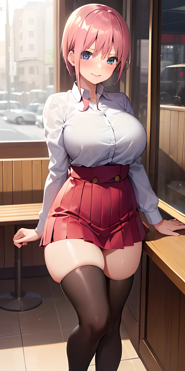 1girl in, 独奏, ichika nakano, Pink short hair, (校服:1.3), cleavage of the breast,Breasts visible from the uniform, thighs thighs thighs thighs, Cafe background, (red blush:1.2), a smile