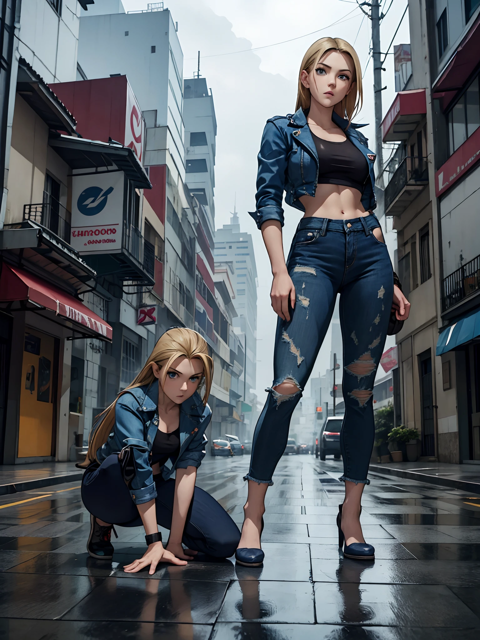 aya break, parasite eve, 3D, Video game character, realista, melhor qualidade, cidade destruida, neblina, cabelo loiro, Blue Eyes Far Angle, Ratio 4:3, papel de parede,melhor qualidade, ultra HD, 8k, corpo inteiro, em pe, destroyed jeans, ,corpete cigano, acima do joelho, vista distante, pernas perfeitas,rua, noite, chamas, chuva