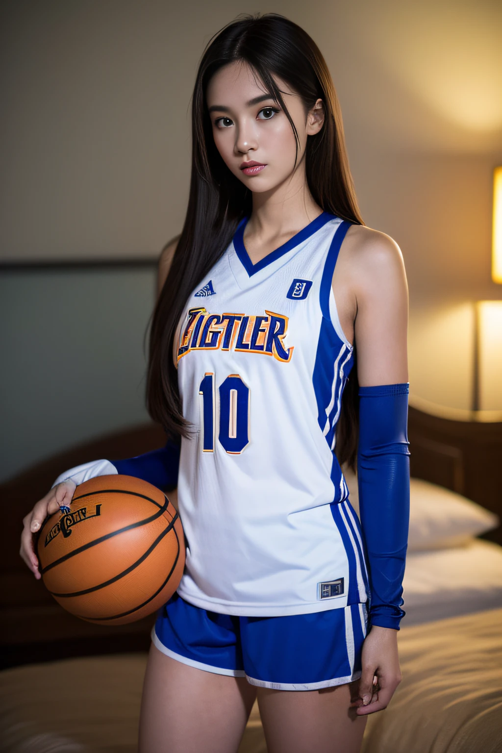 masterpiece, highest quality, Very detailed, To the camera, 複雑に詳細なVery detailed, Realistic, Sharp features, Very detailed, Sharp focus, Perfect Face, Perfect Face, Perfect symmetry and perfect eyes, Perfect Plump Lips, Flexible female form, Cinematic, Film Light, Very detailed, hyper Realistic, masterpiece, Atmospheric, High resolution, Vibrant, Dynamic Studio Lighting, ((Dark Background)), The expression when enduring pleasure, Straight bangs, 、blue eyes、Basketball Uniforms、Exposed thighs
