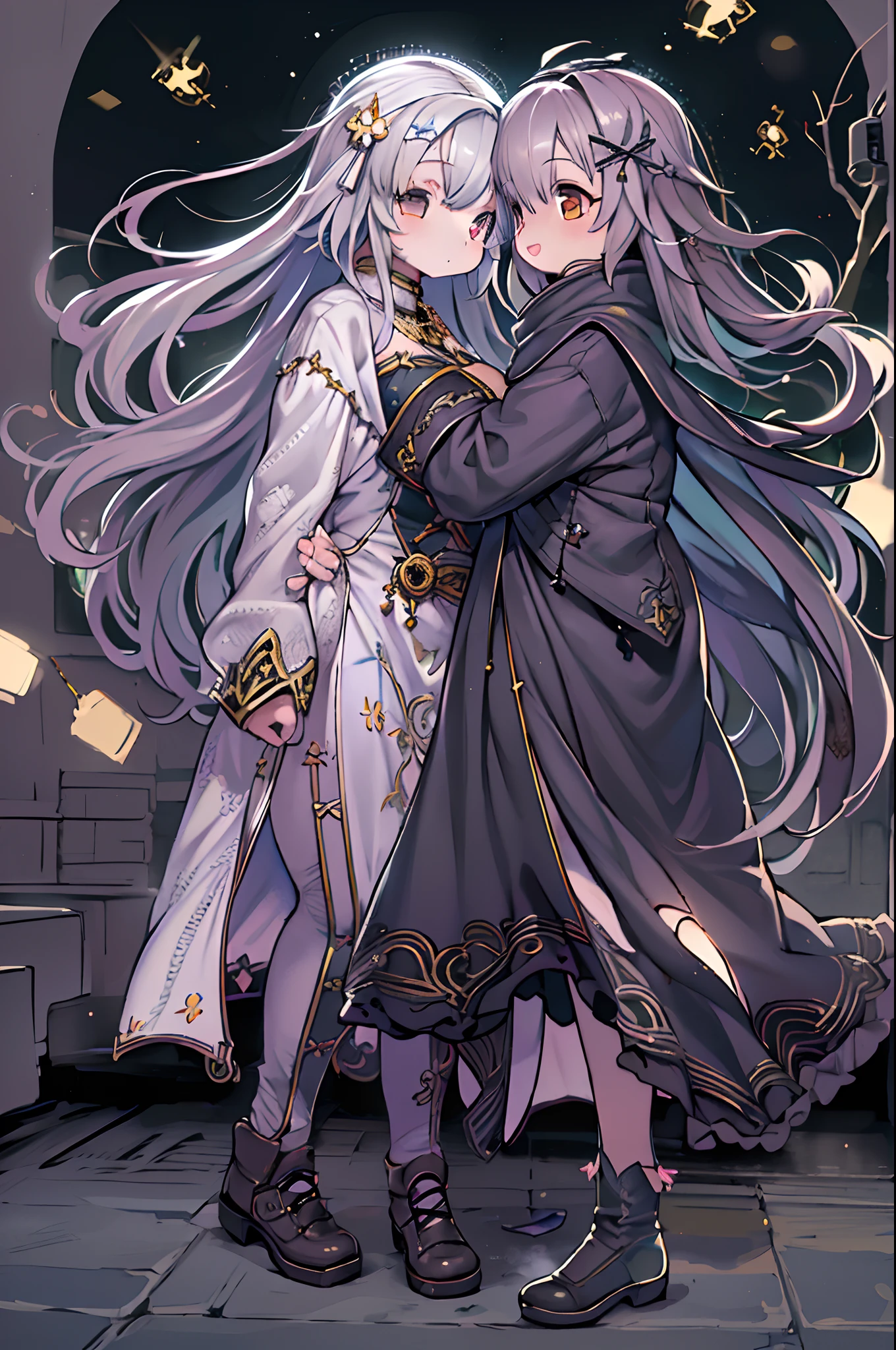 masutepiece, Great fashion, (Fashion Costumes), (Illustration), (2 people),(2girls:1.3) 、-yeld yo couple, lesbian、Girls to girls、(Russian mil style), Fashion, Silver hair, (Long hair), (hair messy), (White skin), (dark circles), Handsome, Dance Steps, trending, dark gray,, close up, (grand background), (Chiaroscuro)), Fine facial details, Facial details, Cinematic lighting, (depth of fields), nffsw, (Upper body), Black background、(Chibi:1.5),Anime style,Under the full moon、