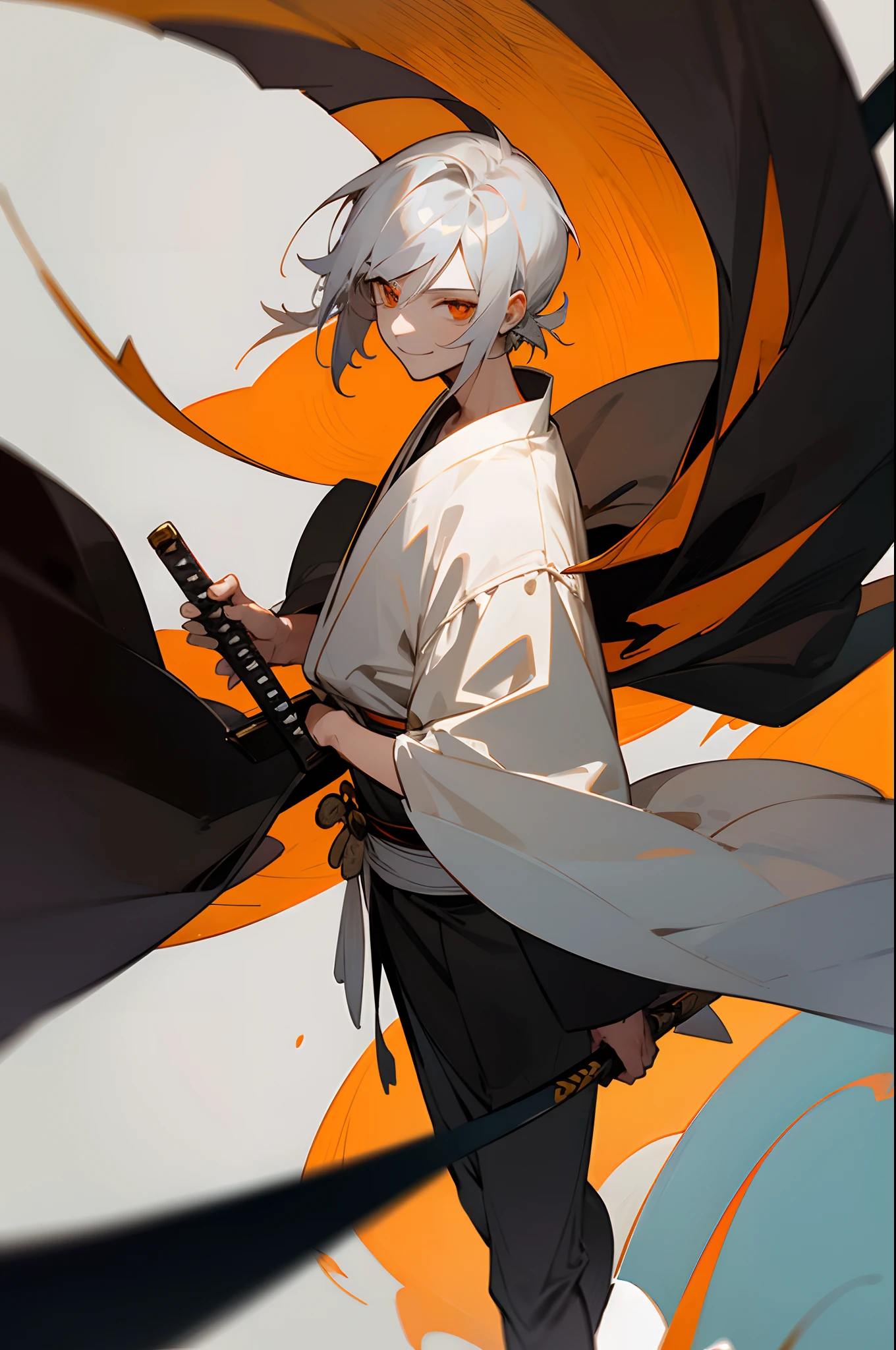 1male, young, smiling, short scruffy hair, silver hair, finely detailed orange eyes, black and white kimono, village background, walking on a path, sword on back, sheathed sword, swordsman