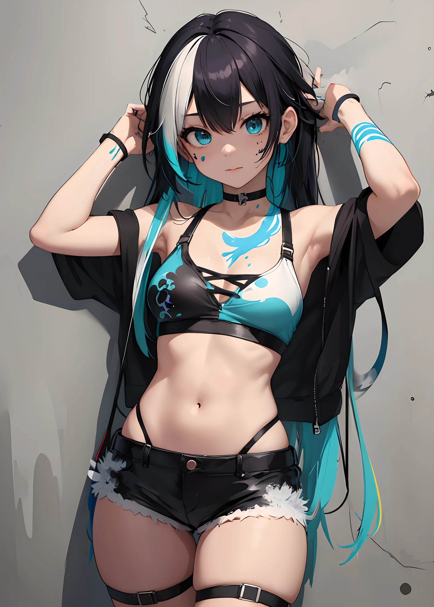 masterpiece, top-quality, 1girl, 独奏, Swimsuit Top, leather shorts, a choker, (doodle:1.5), Paint Splatter, Feathers on the back、Hitting a wall, Look at viewers, Armbands, thigh strap, Paint on the body, O cabelo multicolorido, Aqua Eye,