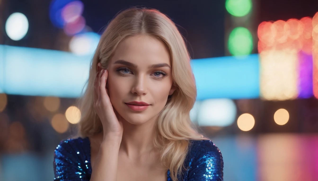 "Reflection of a woman from the knees up" A sexy woman in blue sequins sits with her hands on her cheeks and smiles at me with the colorful neon lights of New York City in the background, she is a beautiful blonde 25 years old, has clear blue-gray eyes, double eyelids, slightly open mouth, thick lips, gentle smile, perfect proportions, perfect hands, and perfect legs.The overall composition is on the right side of the screen. women,