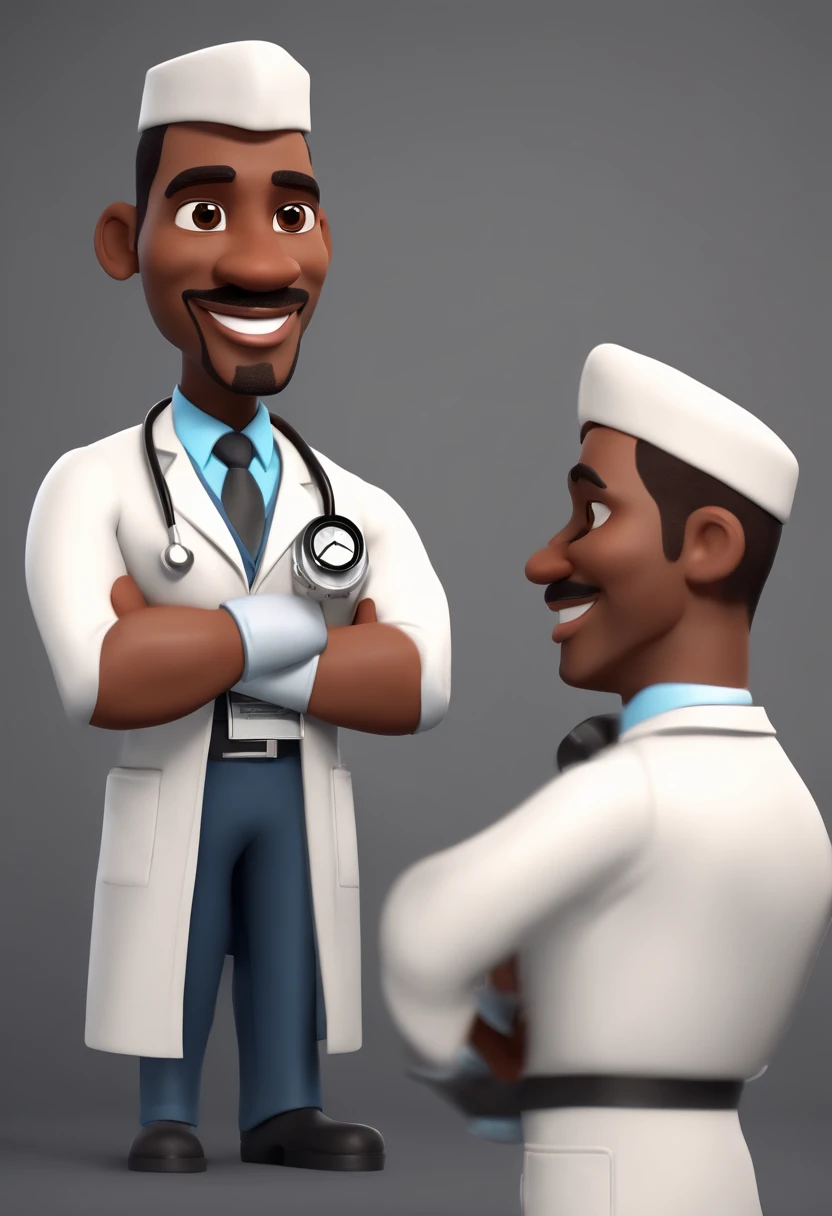 Male cartoon character of a black cardiologist doctor, With black eyes and big eyelashes, Drawn mouth with thick lips and medium nose, com cabelos raspado, Inside a Clinical Animation Character, Caractere estilizado, animation style rendering, 3D estilizado, Arnold Maya render, 3 d render stylized, toon render keyshot, Personagem 3D, Personagem 3D, 3d rendering stylized, 3 d character render, personagem de desenho animado, Personagem de close up, Pose de personagem, (Estilo Pixar) (master part:1.2) (Bokeh) (melhor qualidade) (pele detalhada) (textura detalhada) (8k) (argila) (Cinematic lighting) (foco nítido