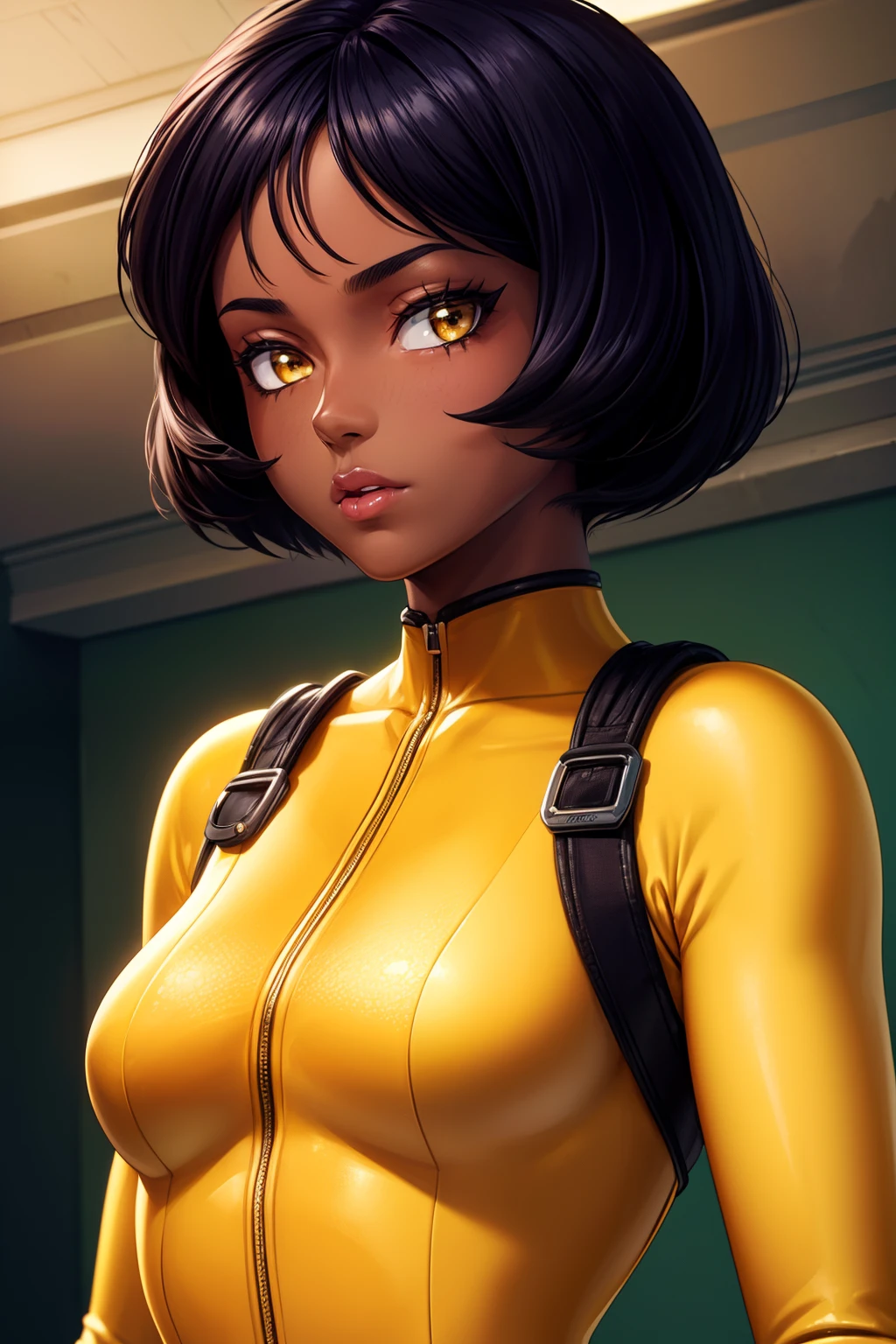 (masterpiece, best quality, ultra-detailed), AlexTS, (dark skin:1.2), yellow eyes, black hair, short hair, medium breasts, yellow bodysuit, long sleeve, (portrait shot, upper body), looking at viewer