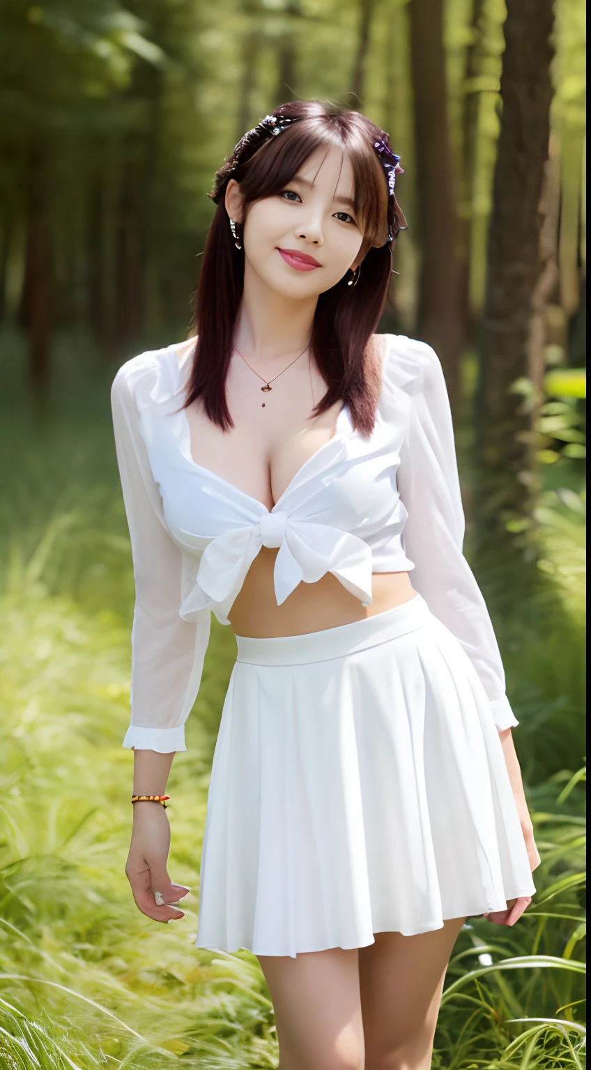 artworks, Best Quality, girl, Alternatives to longhair, absurdly long hair, Blonde hair, bow hair, aqua eyes, Seductive smile,  Black eyes, longeyelashes, Big breasts, Mole on the chest, White shirt, Short black skirt, shoes, Pendants, Hair Ribbon, Flower ribbon, hair_bow ribbon, hair_bow ribbon, hair_flower,fullbody image,In the forest,