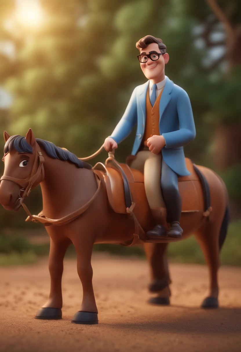 Cartoon character of a man wearing black glasses and a blue shirt, um personagem animado, Veterinarian next to a horse, Caractere estilizado, animation style rendering, 3D estilizado, Arnold Maya render, 3 d render stylized, toon render keyshot, Personagem 3D, Personagem 3D, 3d rendering stylized, 3 d character render, personagem de desenho animado, Personagem de close up, Pose de personagem, (Estilo Pixar) (master part:1.2) (Bokeh) (best quality) (pele detalhada) (textura detalhada) (8k) (argila) (Cinematic lighting) (foco nítido,Senta e vaza a parte superior do corpo