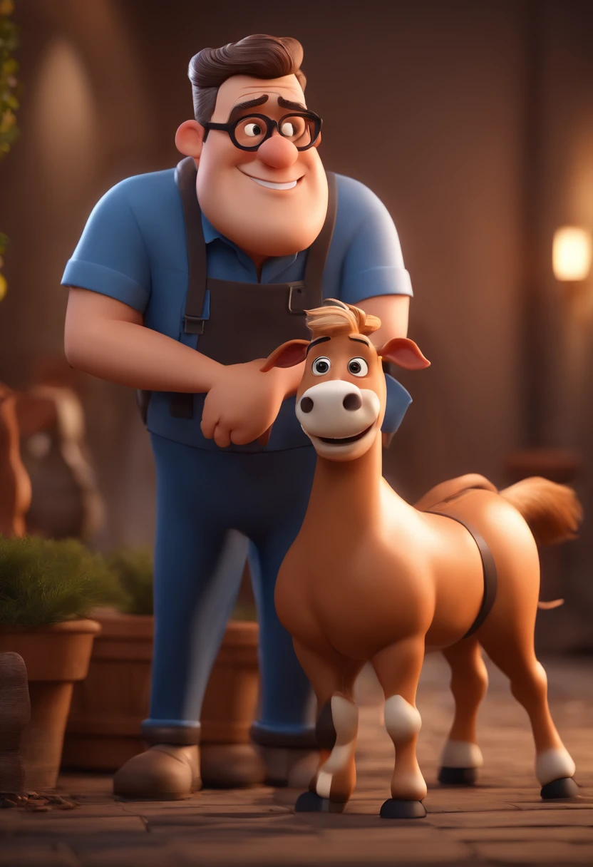 Cartoon character of a man wearing black glasses and a blue shirt, um personagem animado, Veterinarian next to a horse, Caractere estilizado, animation style rendering, 3D estilizado, Arnold Maya render, 3 d render stylized, toon render keyshot, Personagem 3D, Personagem 3D, 3d rendering stylized, 3 d character render, personagem de desenho animado, Personagem de close up, Pose de personagem, (Estilo Pixar) (master part:1.2) (Bokeh) (best quality) (pele detalhada) (textura detalhada) (8k) (argila) (Cinematic lighting) (foco nítido,Senta e vaza a parte superior do corpo
