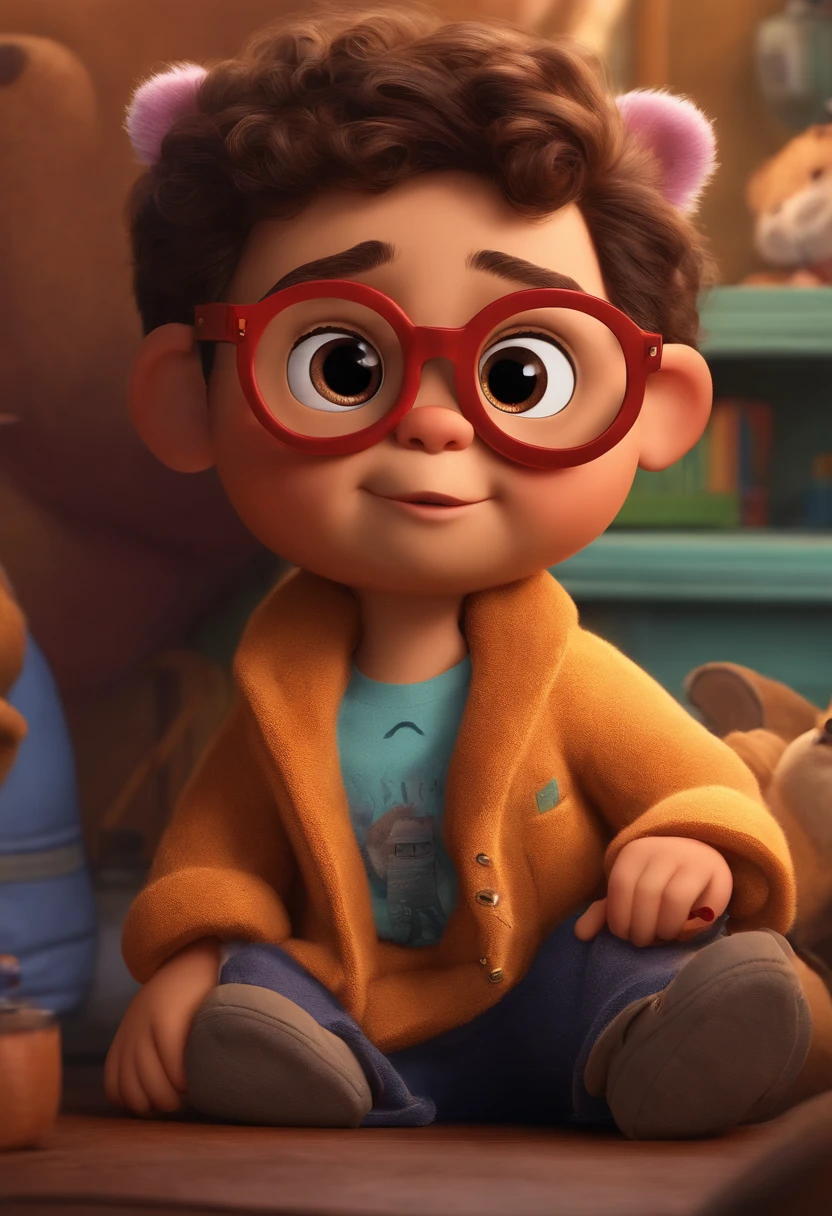 Menino estilo desenho animado, Pixar, wearing round glasses, segurando um urso de pelucia, roupa de escoteiro,