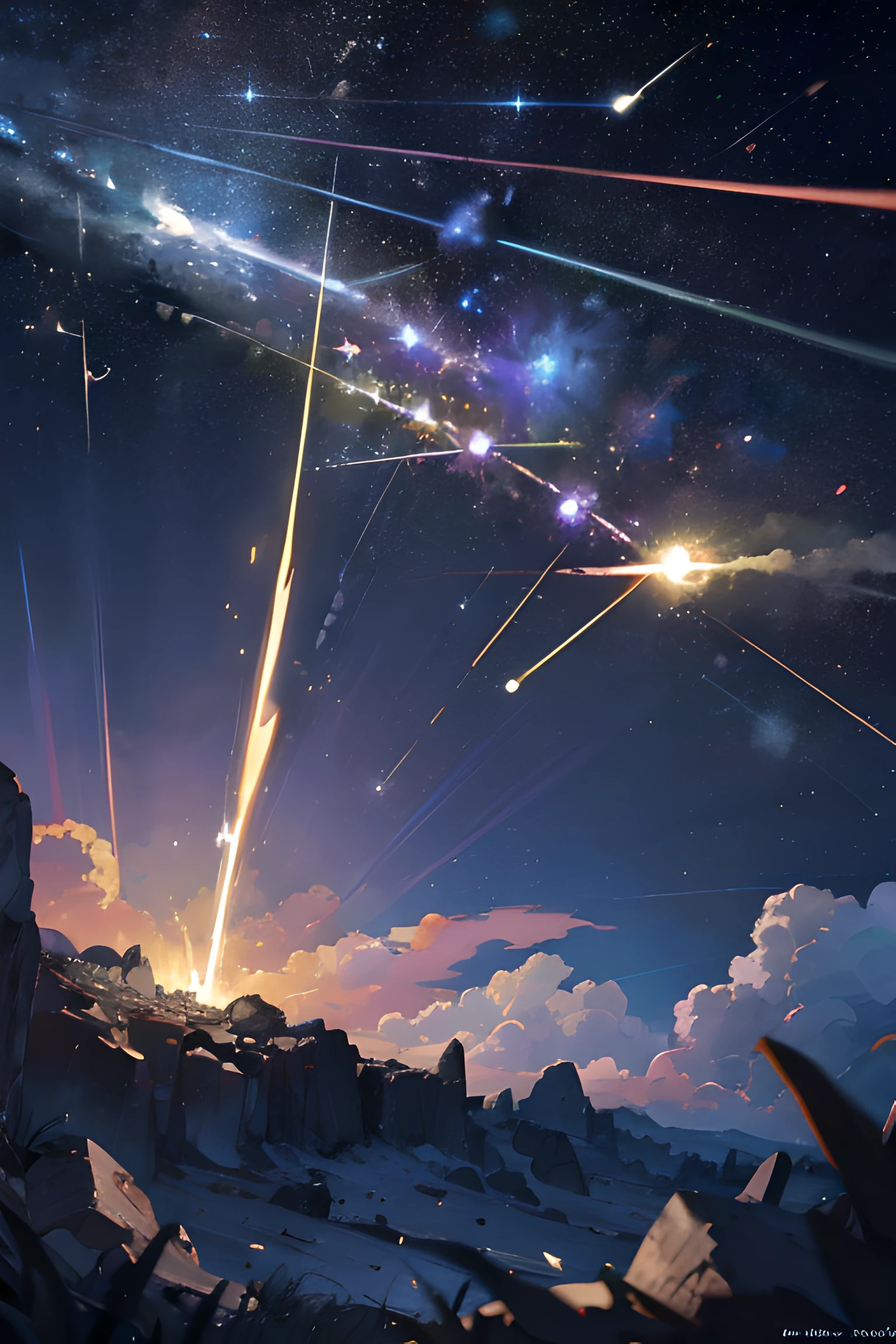 (8k, RAW photo, best quality, masterpiece:1.2), (realistic, photo-realistic), (Meteors:1.5), falling to the ground, tremendous shock wave, an extremely delicate, depth of field, professional lighting,