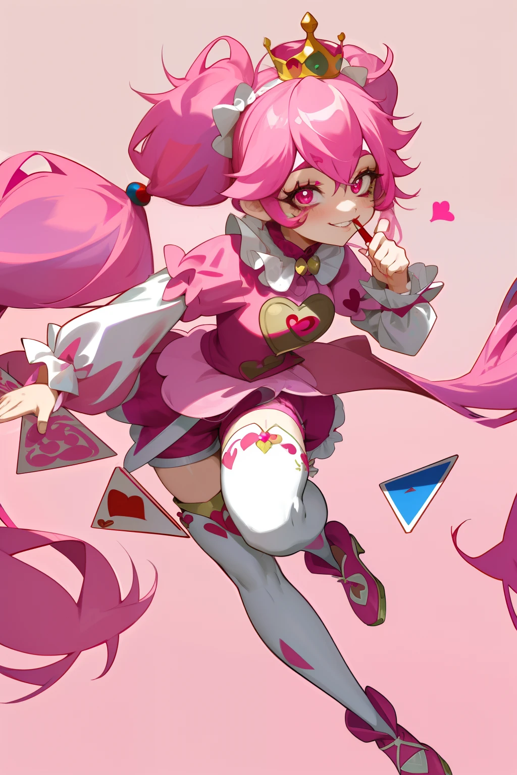 Crazy, girl, long hair, curly hair, pink hair, full body picture, pink eyes, heart shaped pupils, insane smile, blood splatter, 1GIRL, insane girl in long pink hair, crown, princess bubblegum style, finely detailed, (best quality), (intricate details), cute style, , jester style, multicolored, ((long pink messiest hair in pigtails)), best quality, ((long sleeve shirt and shorts)), ((red and white clothes)), ((jester style clothes)), ((thigh high socks)), ((round eyes)), ((has jester makeup)), beautiful face, happy, cute face, pinup, perfect face, simple background portrait, clowh hear cards, bubble gums