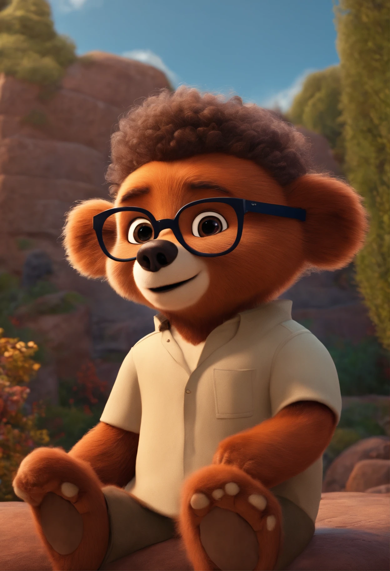 estilo desenho animado, Pixar, wearing round glasses, segurando um urso de pelucia, roupa de escoteiro,
