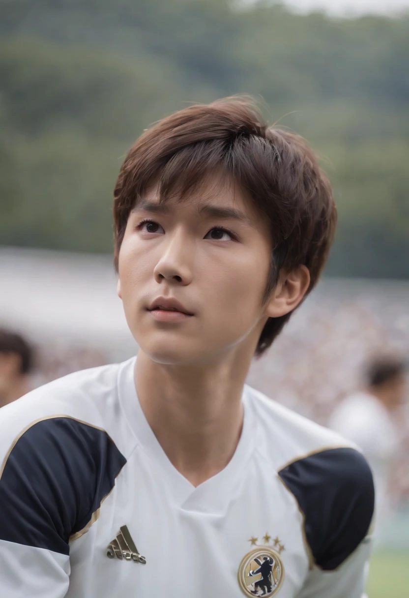 Captain tsubasa, medium hair, back hair up, big eyes, wear white jersey, N logo on left chest,