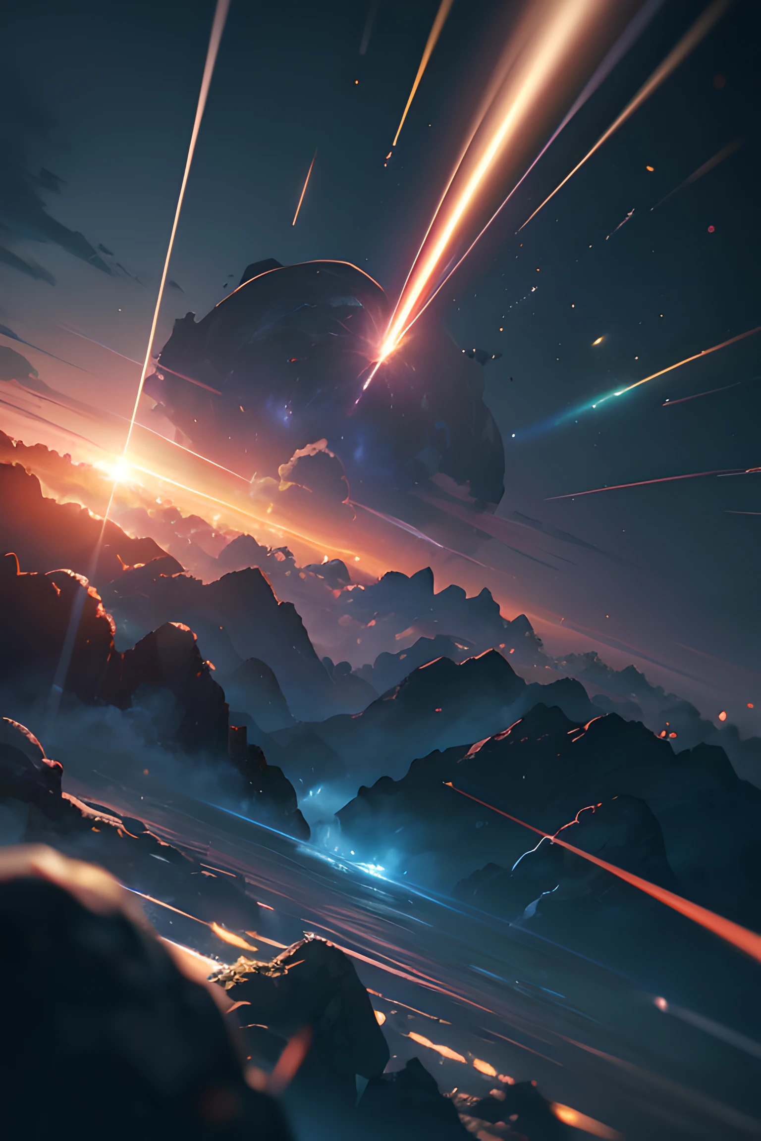 (8k, RAW photo, best quality, masterpiece:1.2), (realistic, photo-realistic), Meteor, falling to the ground, tremendous shock wave, an extremely delicate, depth of field, professional lighting,