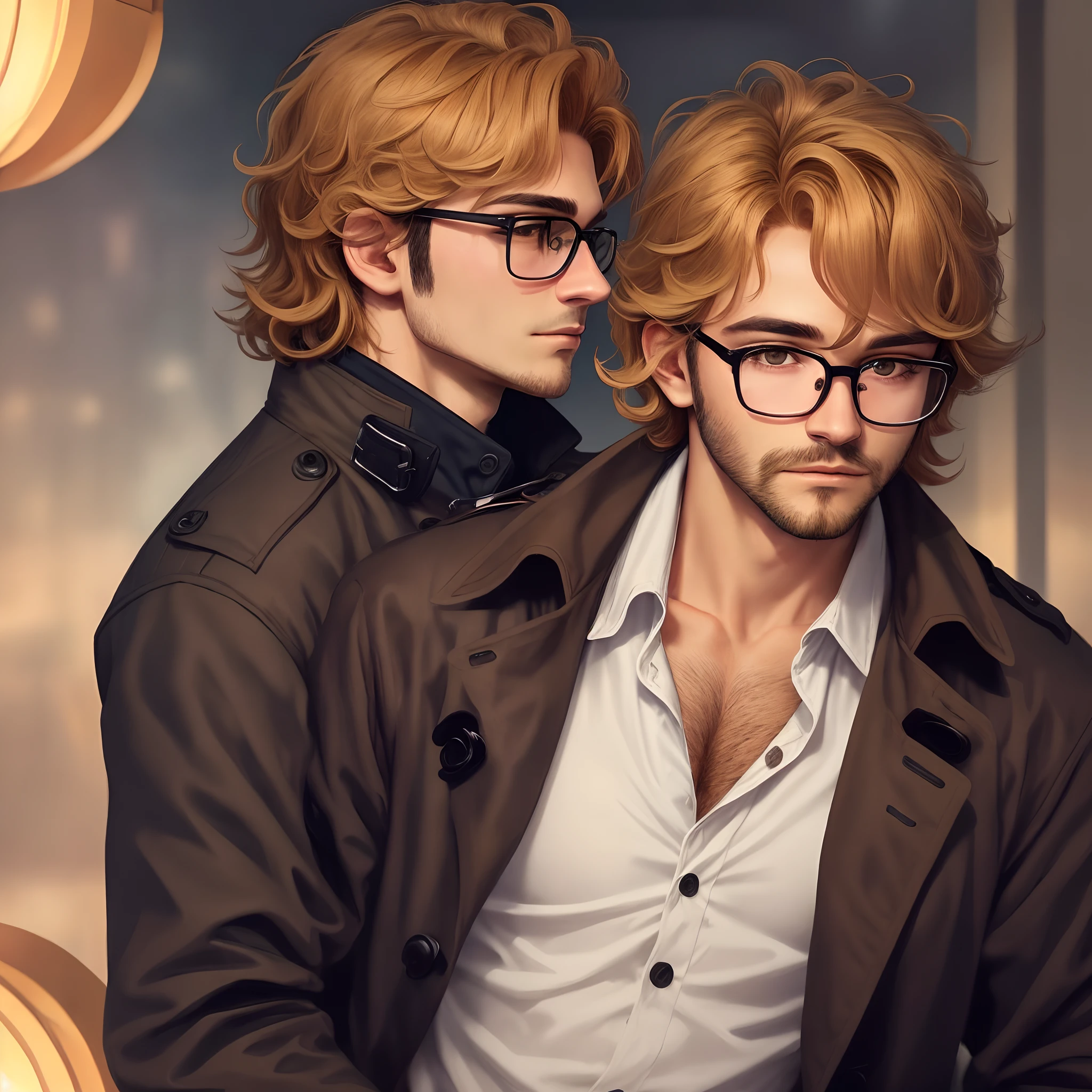 Man with a scruffy, small bear, golden brown wavy hair, well cut hair, roundish glasses, light brown eyes, side profile, wearing black trench coat