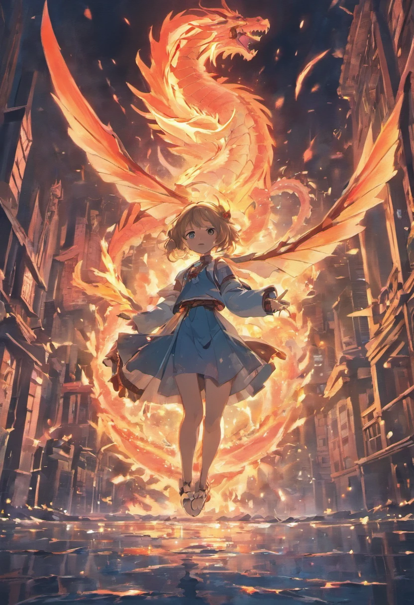 Dragon flying over burning town、large plumage、highcontrast、Girl is looking at the sky、red fullmoon、splash water、Flowing flame、detailed girl、neon color、White burst light