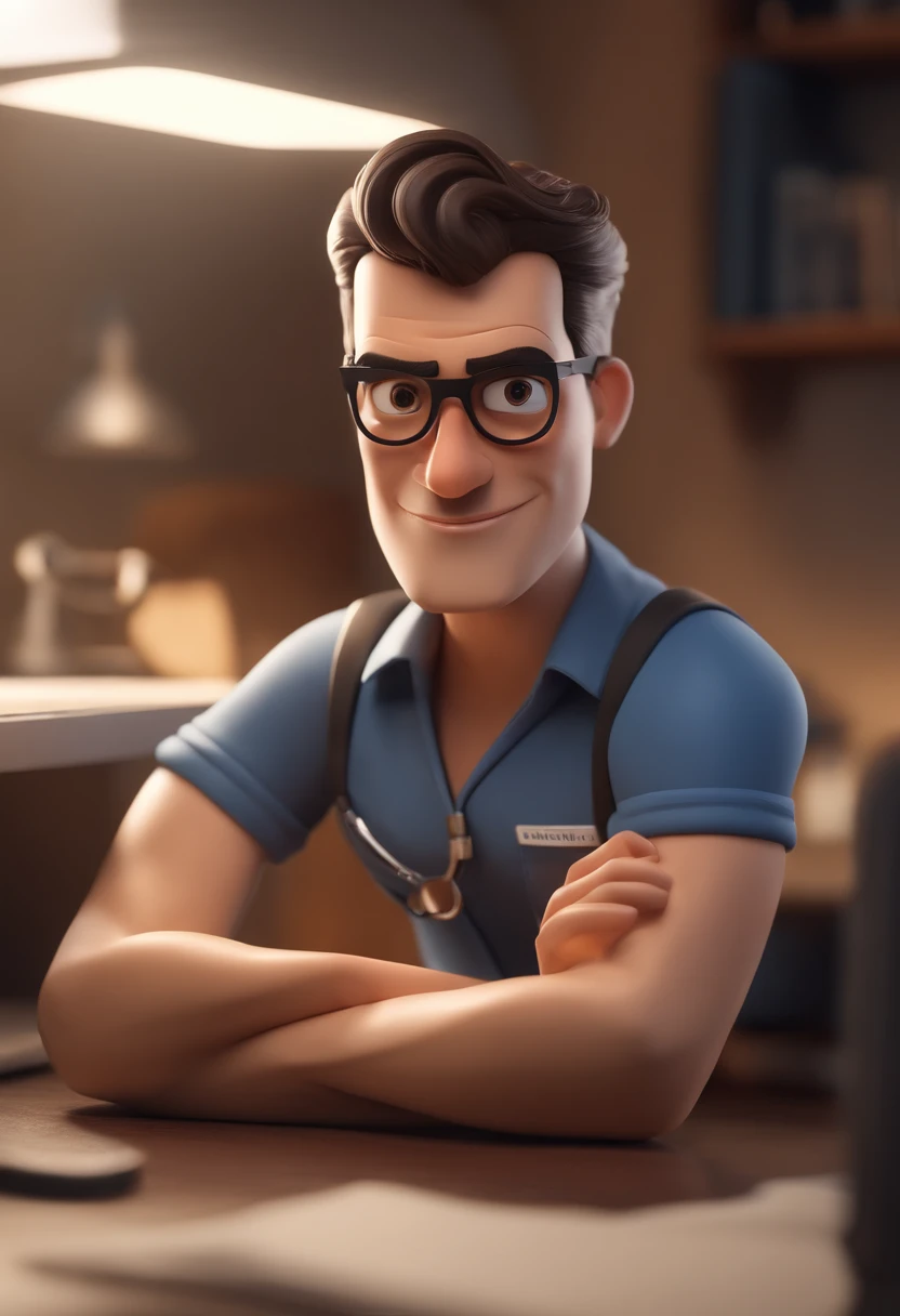 Cartoon character of a man wearing black glasses and a blue shirt, Veterinarian, de barba ao lado de um cavalo, stethoscope in the neck, um personagem animado, Caractere estilizado, animation style rendering, 3D estilizado, Arnold Maya render, 3 d render stylized, toon render keyshot, Personagem 3D, Personagem 3D, 3d rendering stylized, 3 d character render, personagem de desenho animado, Personagem de close up, Pose de personagem, (Estilo Pixar) (master part:1.2) (Bokeh) (best quality) (pele detalhada) (textura detalhada) (8k) (argila) (Cinematic lighting) (foco nítido,Senta e vaza a parte superior do corpo