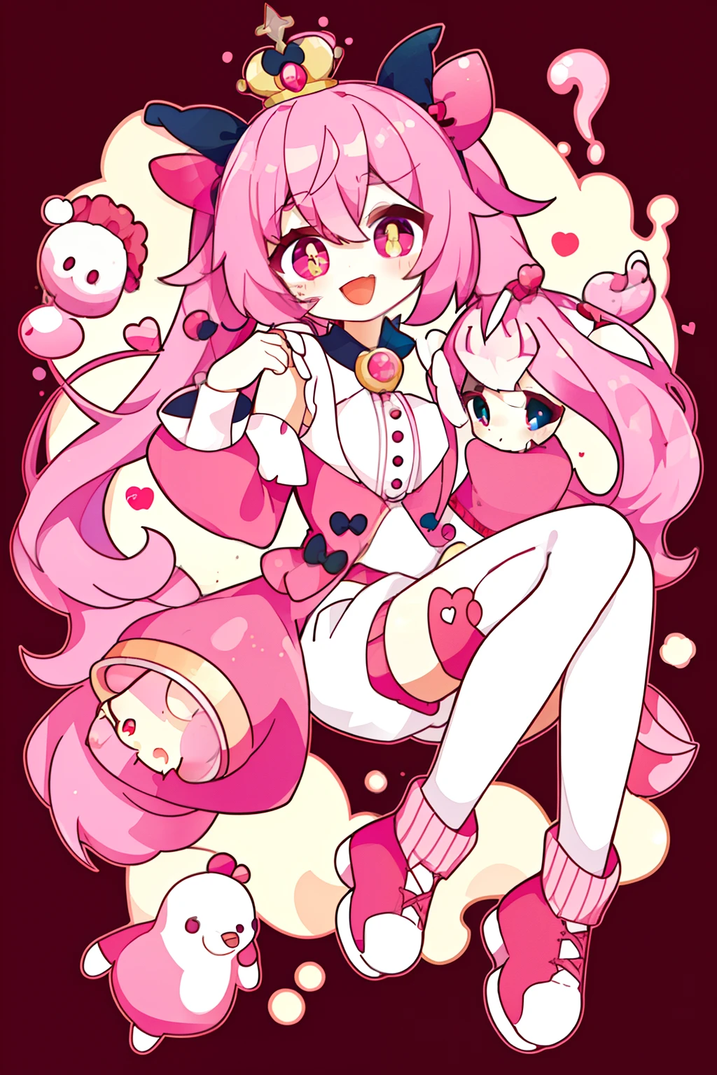 Crazy, girl, long hair, curly hair, pink hair, full body picture, pink eyes, heart shaped pupils, insane smile, blood splatter, 1GIRL, insane girl in long pink hair, crown, princess bubblegum style, finely detailed, (best quality), (intricate details), cute style, loli, jester style, multicolored, ((long pink messiest hair in pigtails)), best quality, ((long sleeve shirt and shorts)), ((red and white clothes)), ((jester style clothes)), ((thigh high socks)), ((round eyes)), ((has jester makeup)), beautiful face, happy, cute face, pinup, perfect face, simple background portrait, clowh hear cards, bubble gums